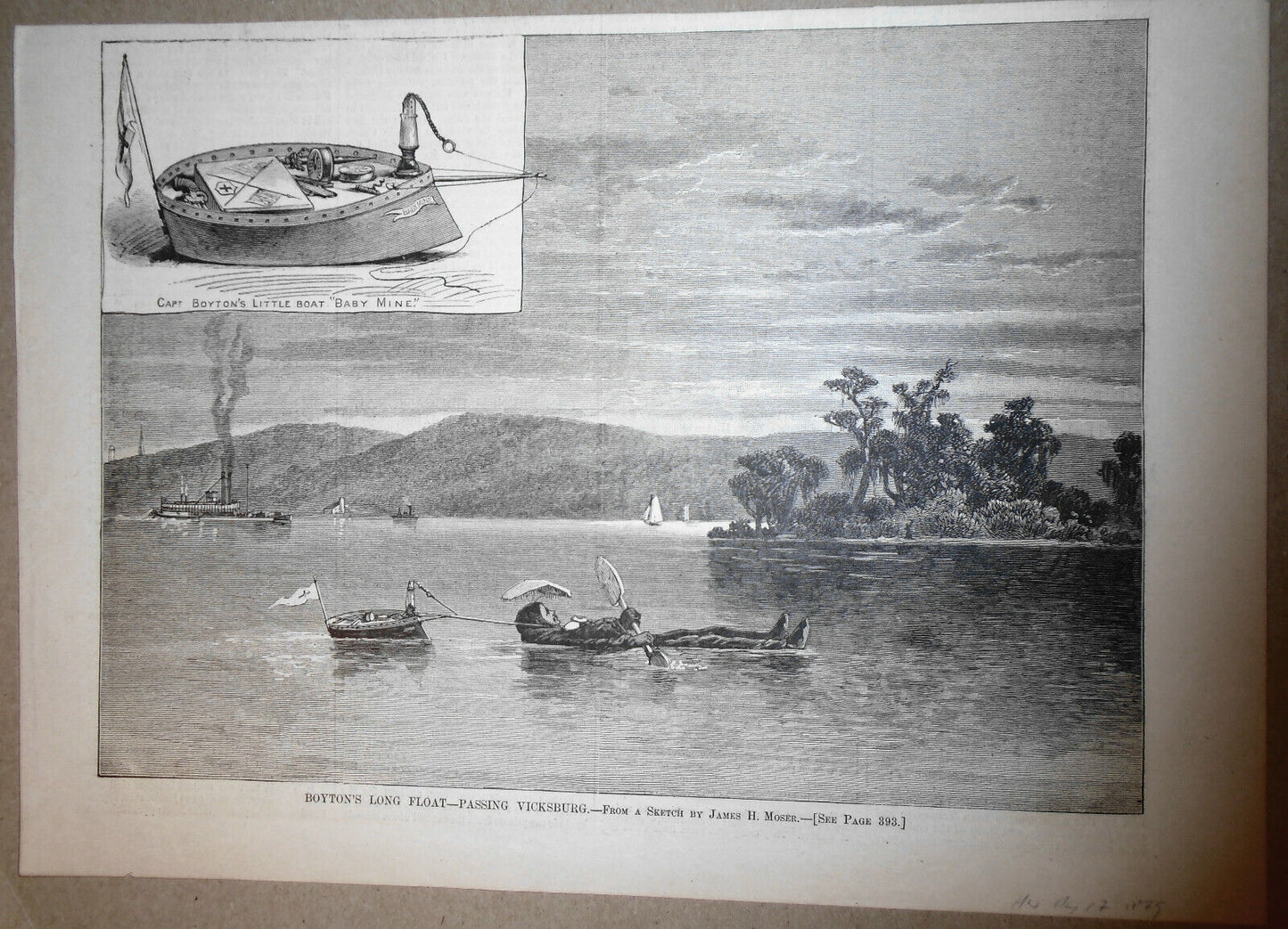 Boyton's Long Float Passing Vicksburg - Harper's Weekly, May 17, 1879. Original