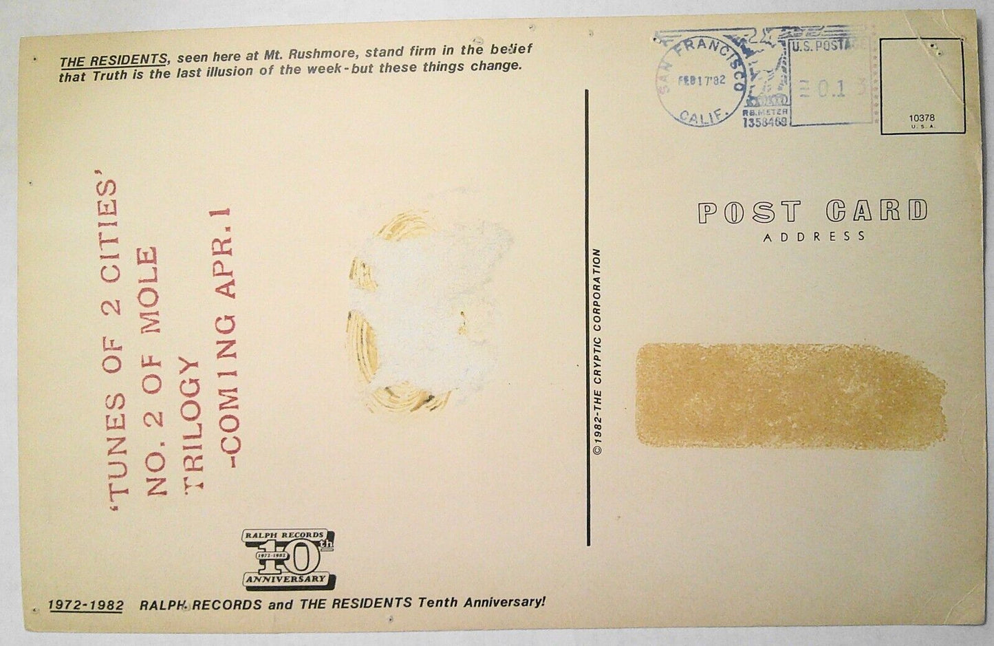 1982 The Residents (seen at Mt Rushmore) Postcard, Lou Stathis Heavy Metal blurb