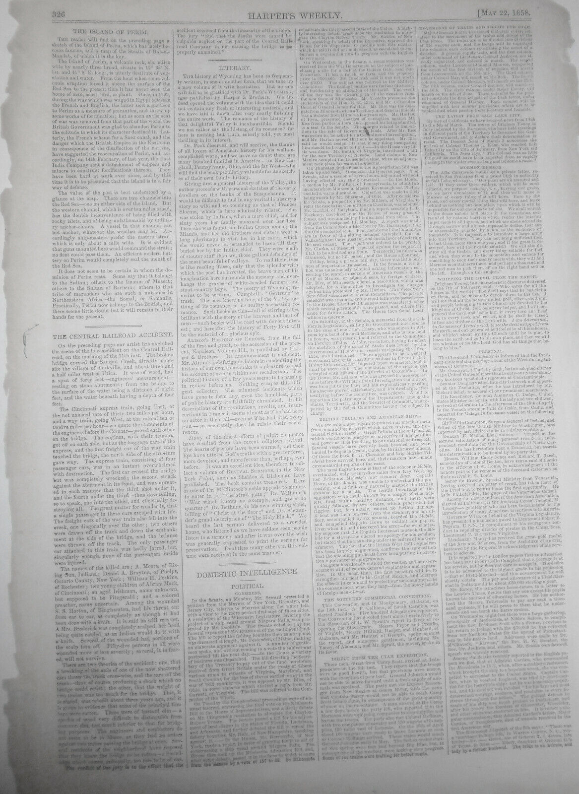 Accident on the New York Central Railroad, Near Utica 1858. Harper's Weekly