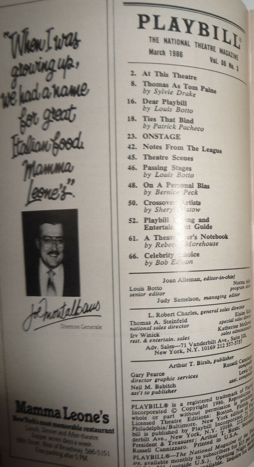 PATTI La BELLE ON BROADWAY - PLAYBILL - MARCH, 1986. Minaskoff Theatre