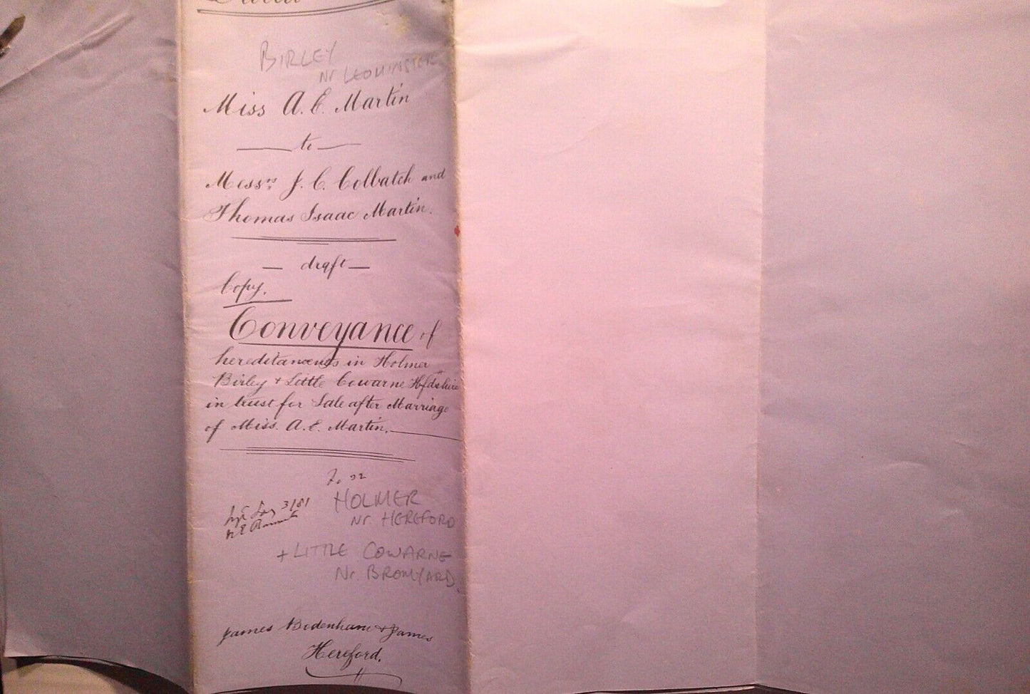 1880 Conveyance of Hereditaments Hereford, England. Miss A E Martin to Colbatch