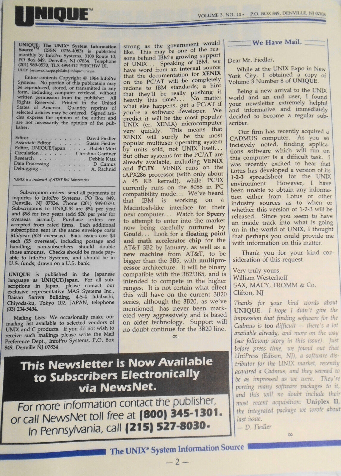 UNIQUE, Vol. 3, No. 10, 1984 - The UNIX System Information Source.