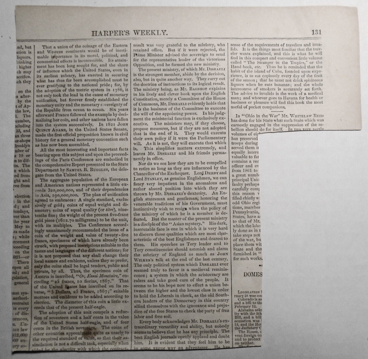 Stuart's Portrait Of George Washington - Harper's Weekly 1868 - Print With Story