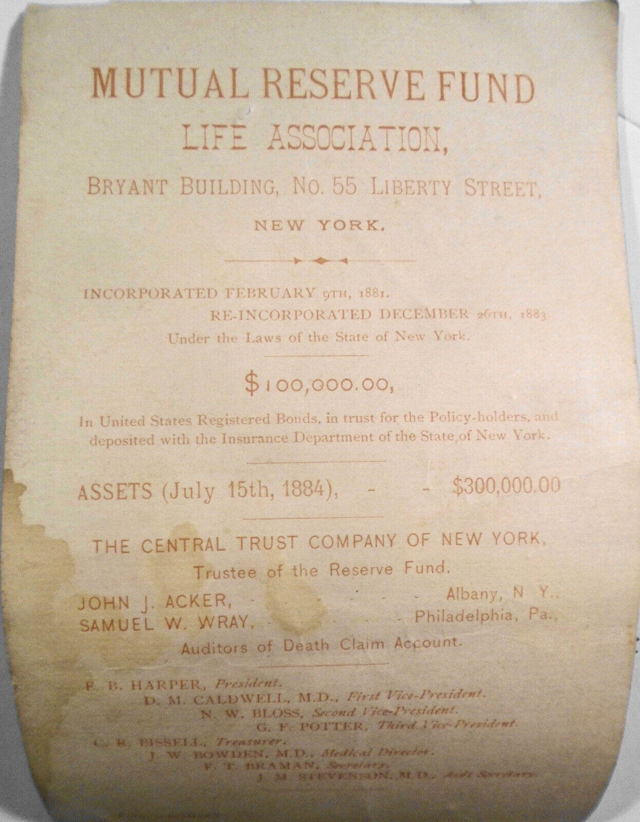 FACTS - Mutual Reserve Fund Life Association New York, 1884 Advertising circular