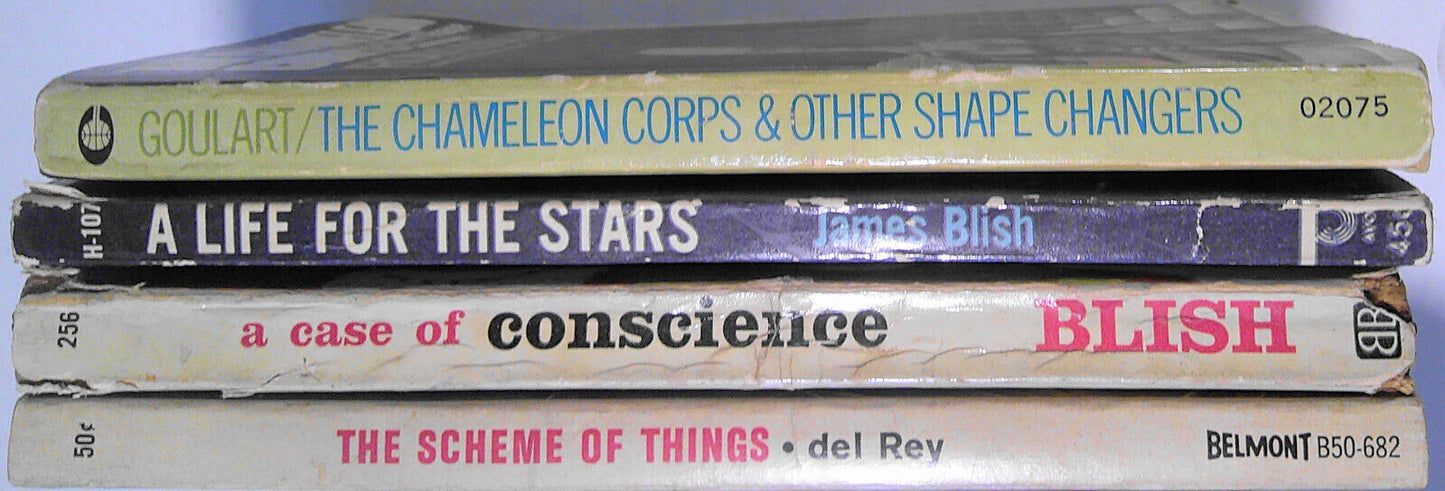 4 vintage science fiction paperbacks: James Blish, Ron Goulart, Lester del Rey