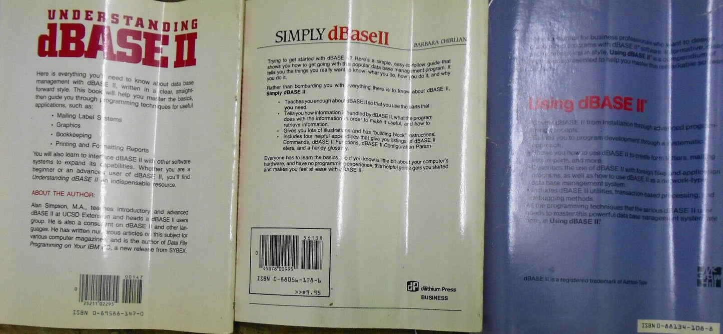 3 dBase II books - Understanding dBase II, Simply dBase II, & Using dBase II