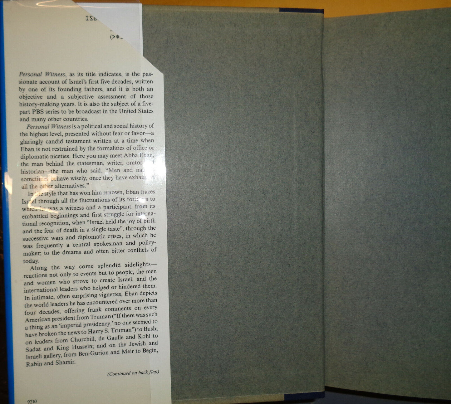 SIGNED - Abba Eban : Personal Witness : Israel Through My Eyes, 1st edition 1992