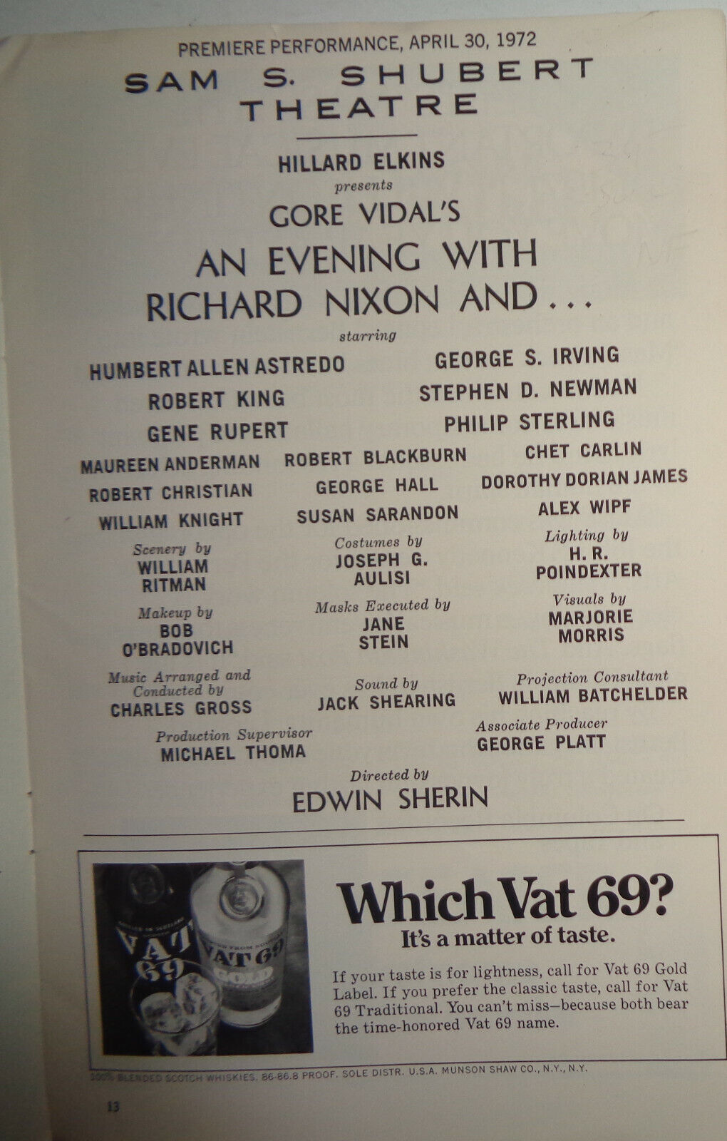 AN EVENING WITH RICHARD NIXON AND... PLAYBILL - PREMIERE PERFORMANCE, APRIL 1972