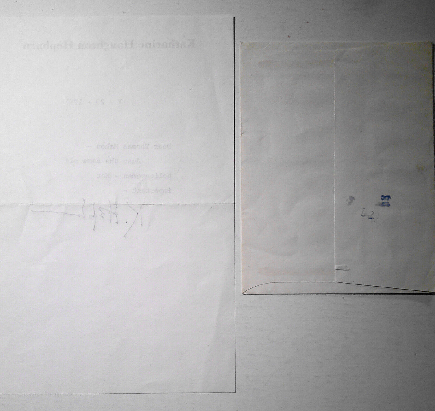 Katharine Hepburn SIGNED note. 1991. With envelope.