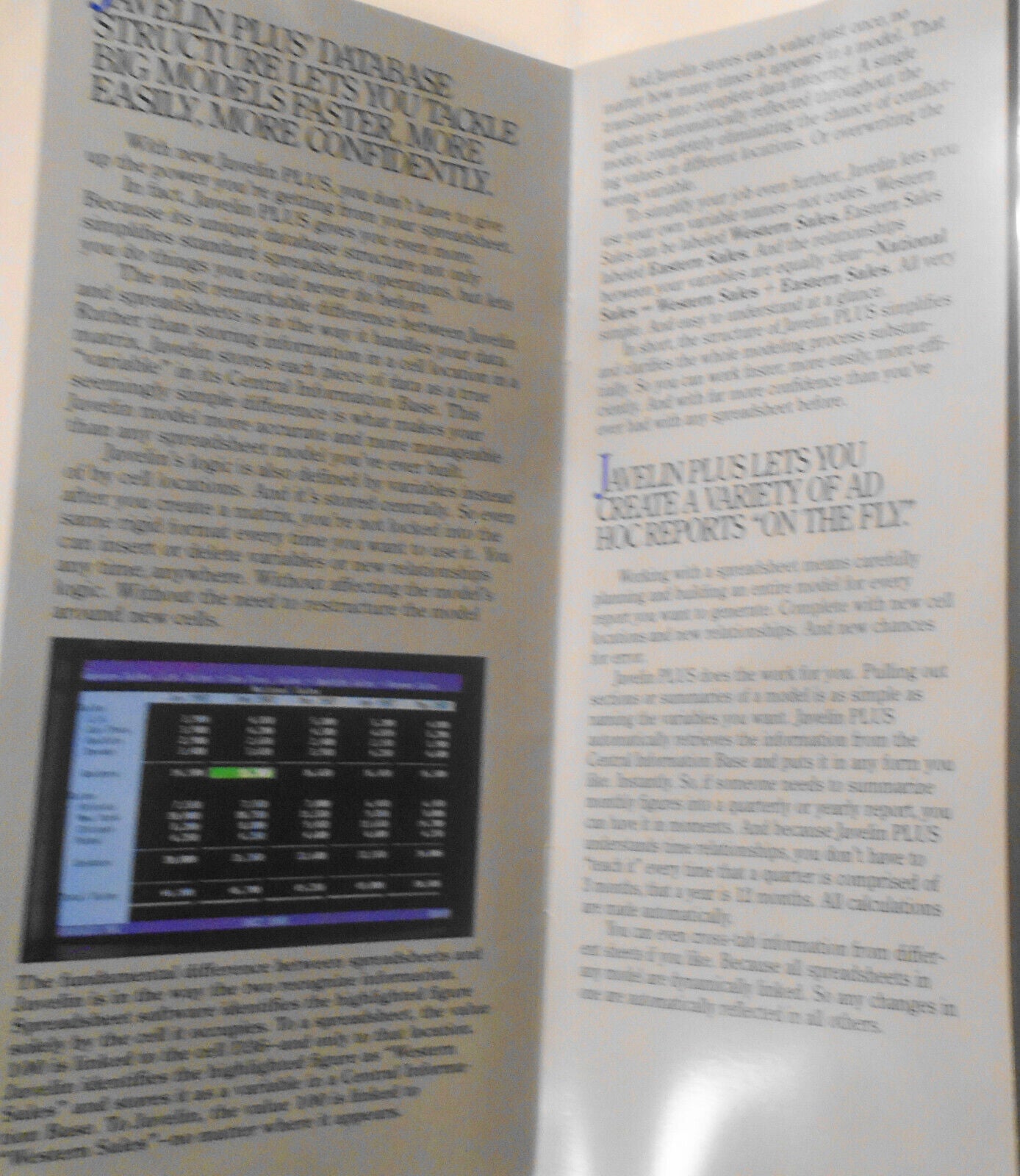 Javelin Plus spreadsheet / database promo brochure, 1980s. For IBM PCs