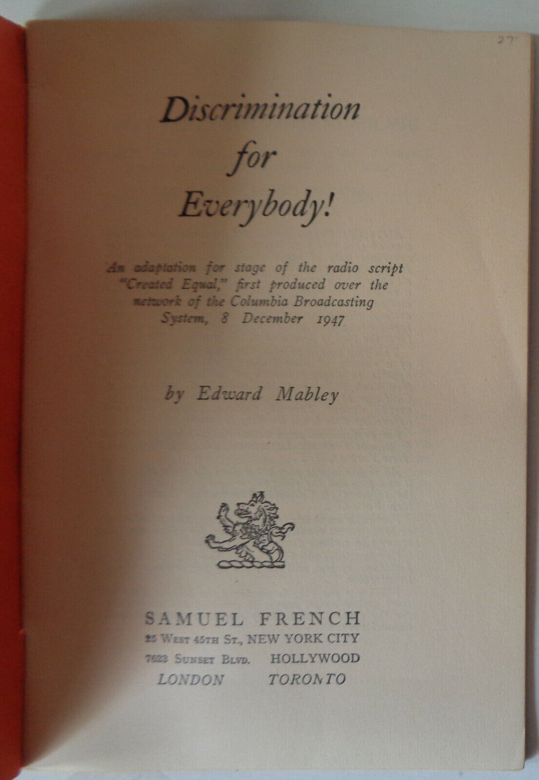 Discrimination for everybody! from radio script Created Equal.By Edward Mabley