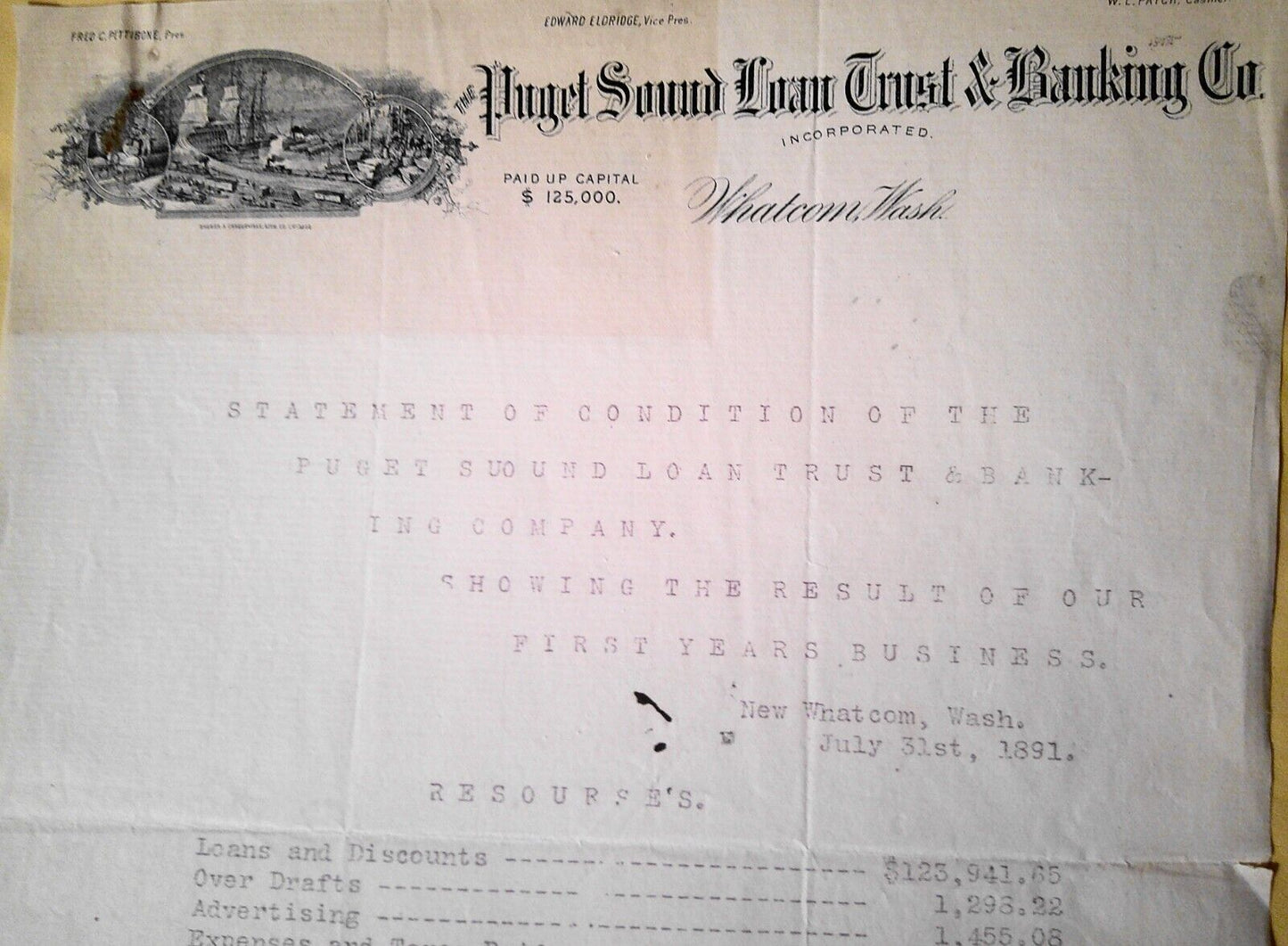 1891 Puget Sound Loan Trust & Banking Co., Whatcom, WA Statement of Condition