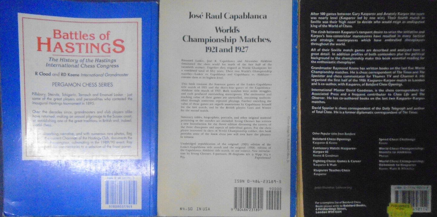 3 Chess championships books - Capablanca, Alekhine, Kasparov, Pillsbury, et al