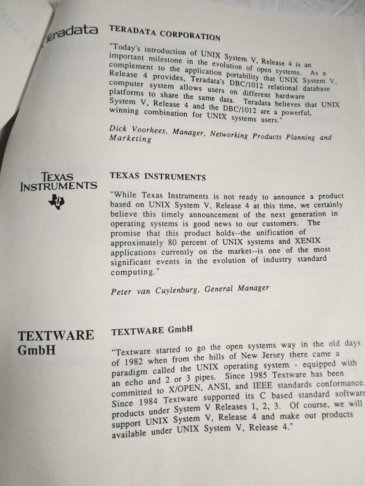 1989 Statements of support by 172 companies for UNIX System V, Release 4