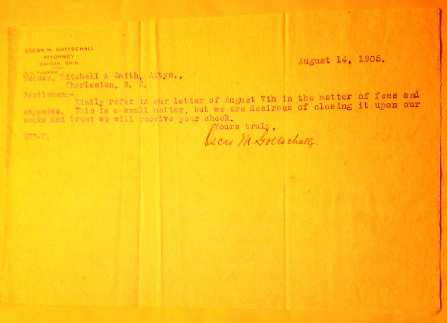 1905 Legal dunning letter from Oscar M. Gottschall, Attorney, Dayton, Ohio