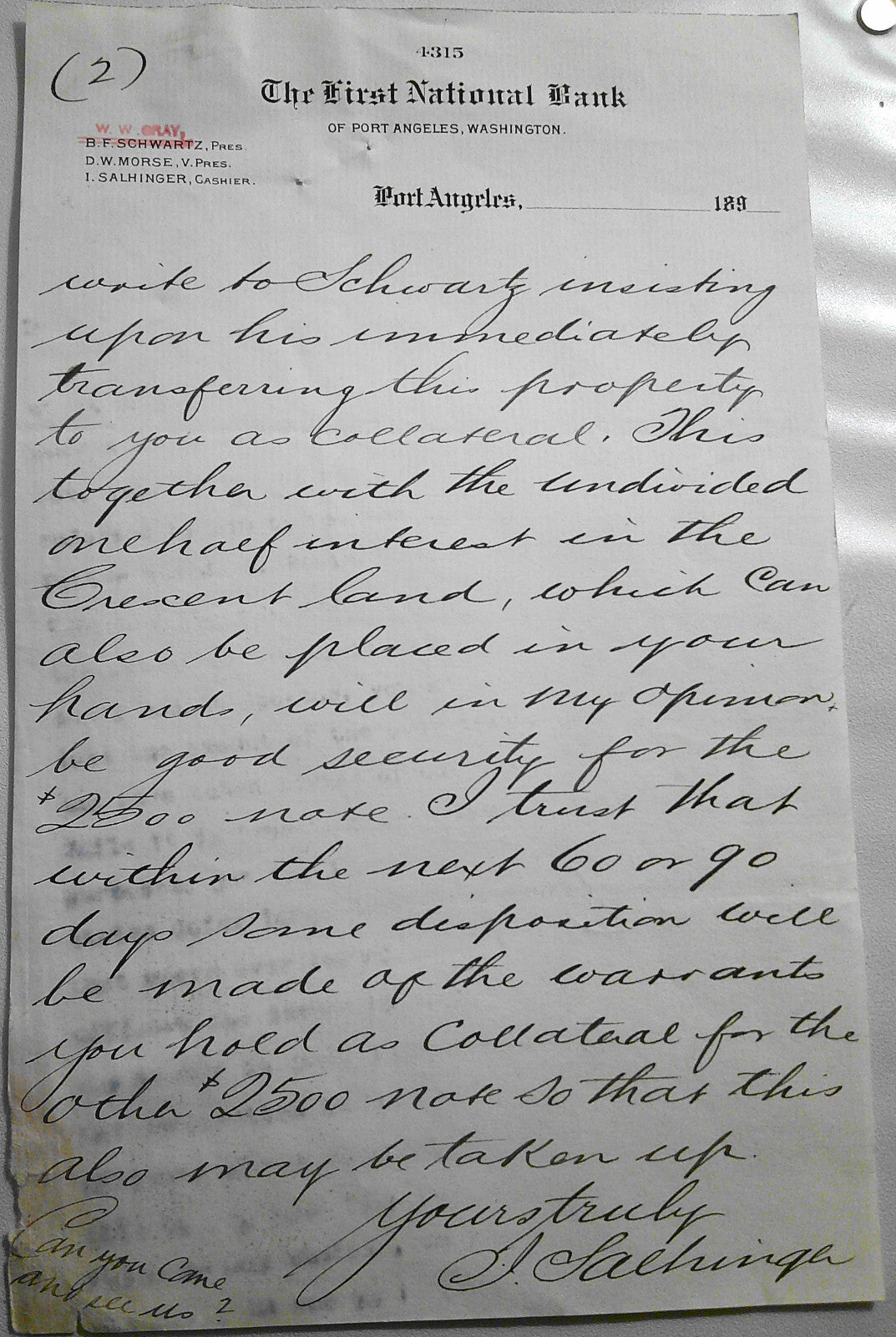 1891 First National Bank, Port Angeles, Washington - on Letterhead note paper