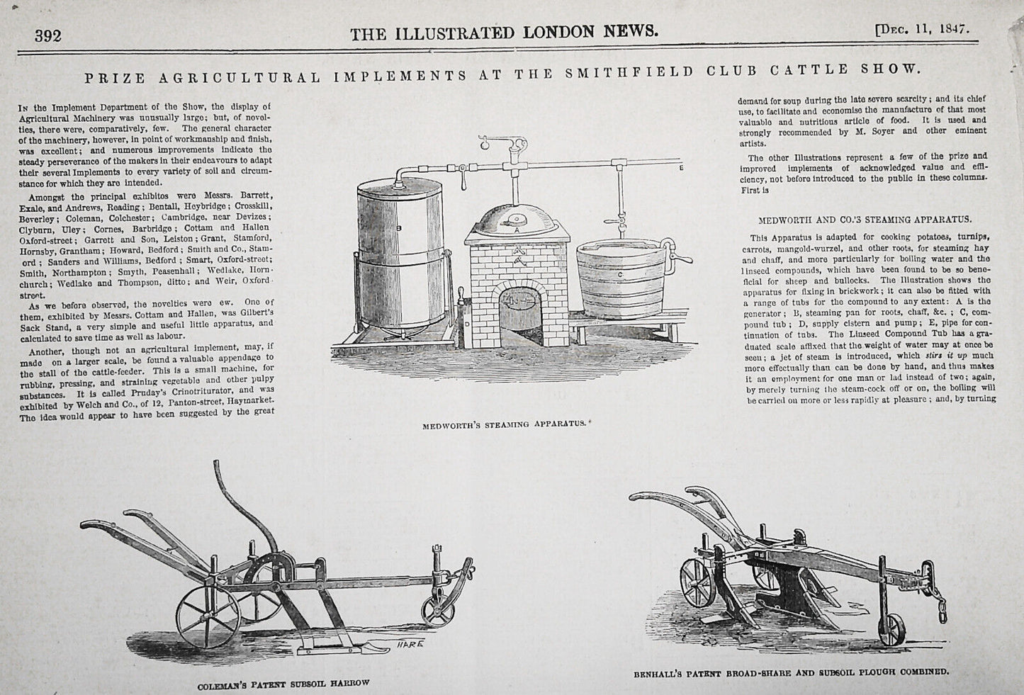 Prize Agricultural Implements at the Smithfield Club Cattle Show 1847. Original
