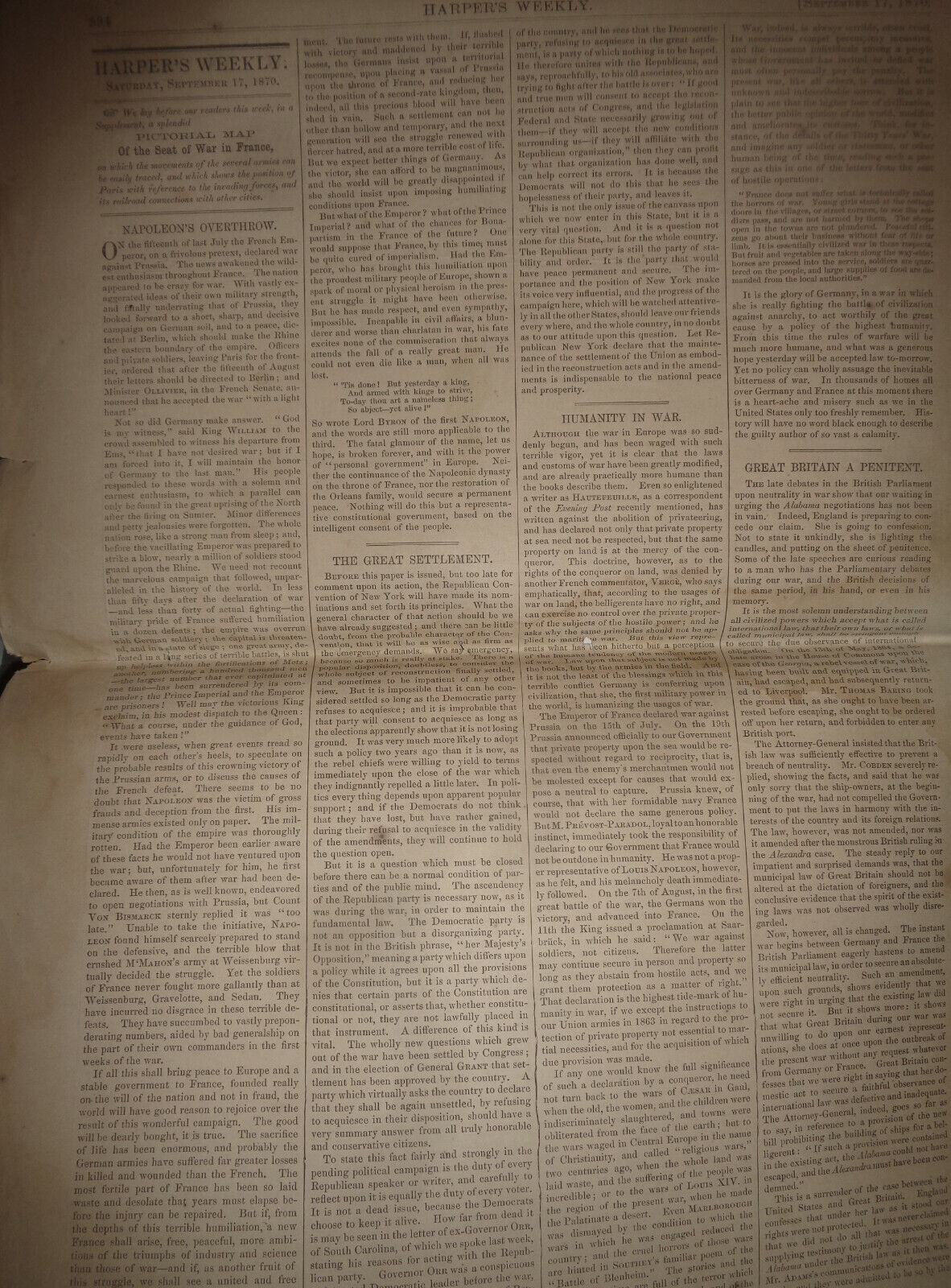 HARPER'S WEEKLY SEPTEMBER 17, 1870 - FORTIFICATIONS OF PARIS; PRUSSIANS; ICELAND