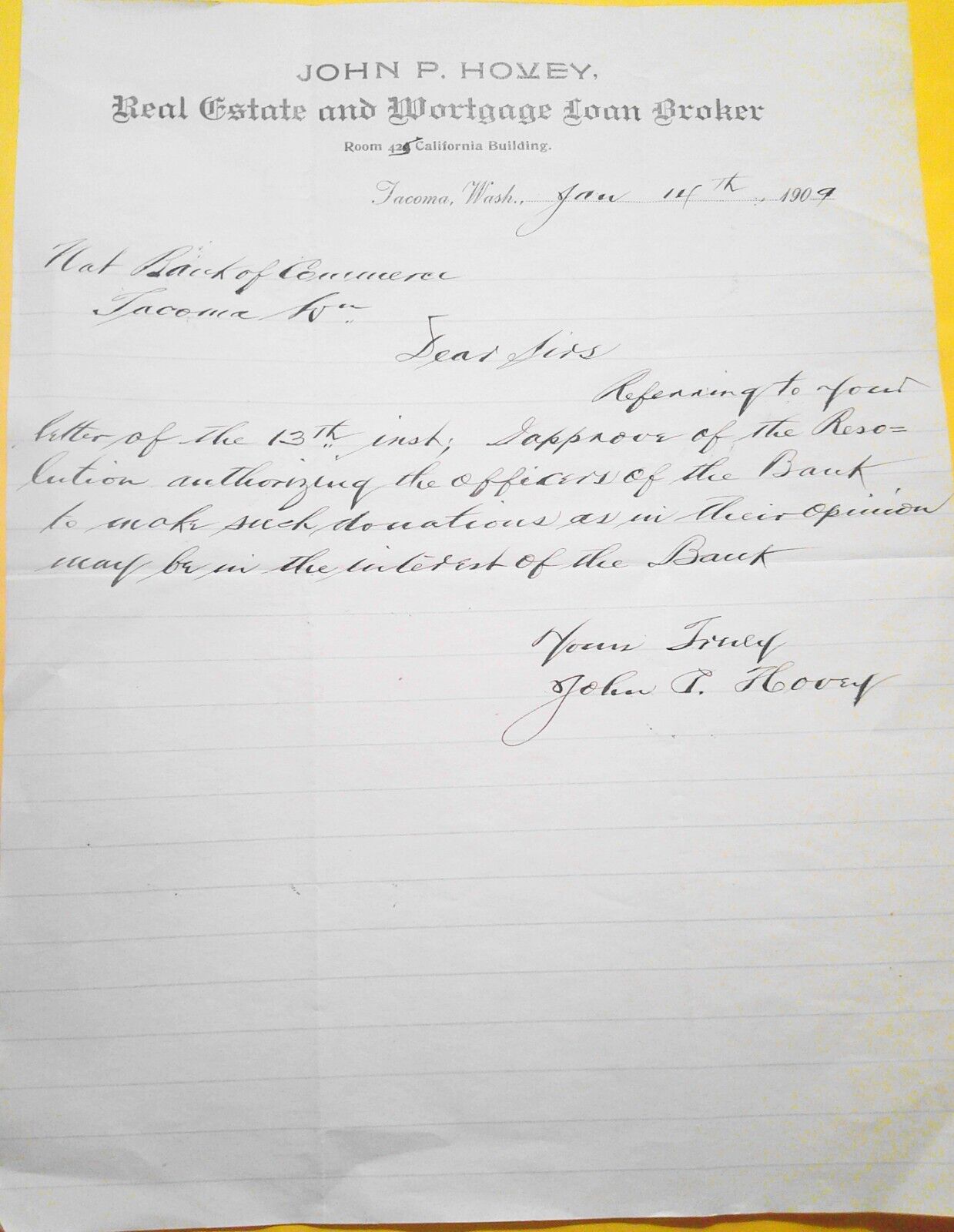 1909 John P. Hovey, Real Estate & Mortgage Loan Broker, Tacoma Washington Letter