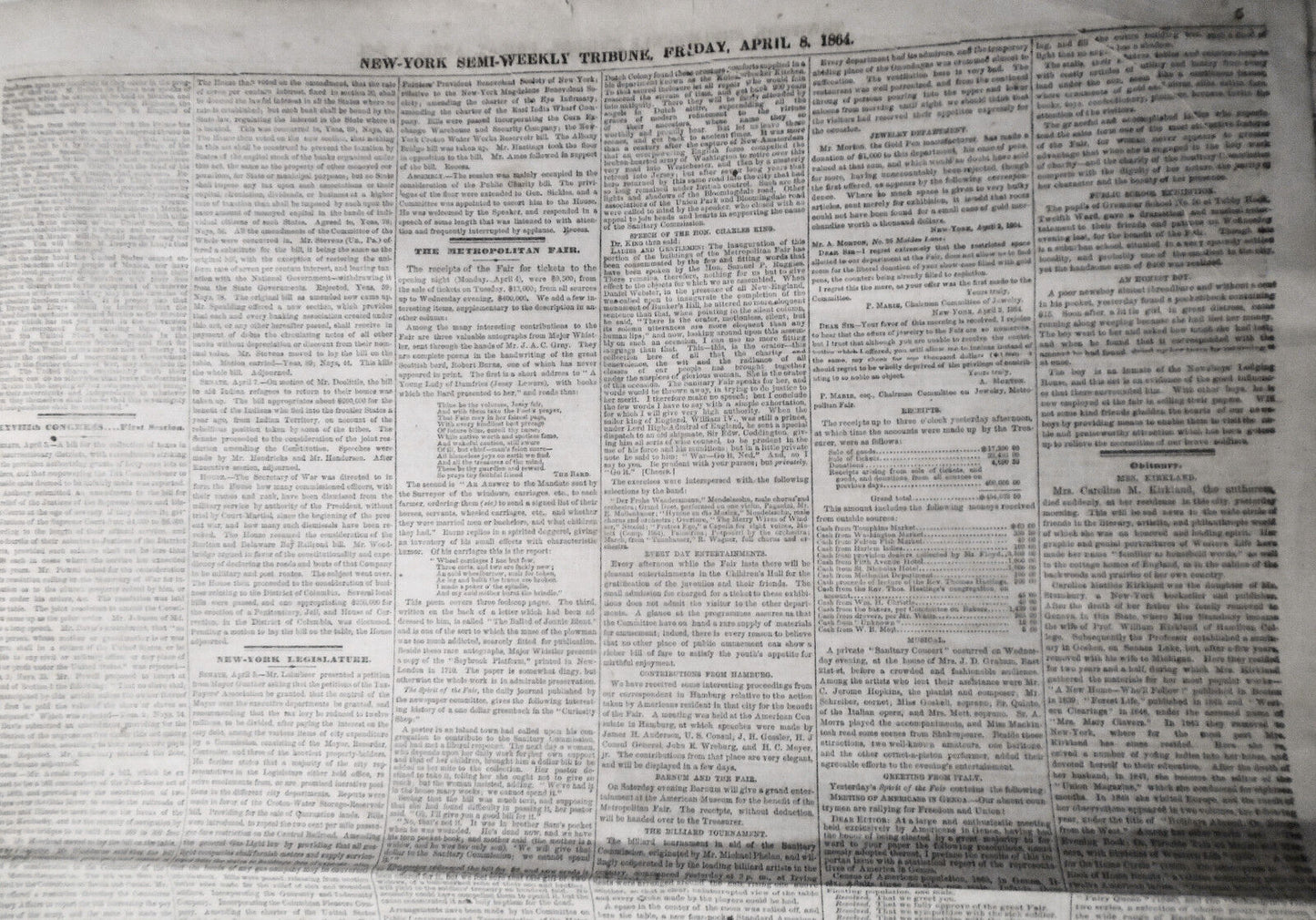 NEW YORK TRIBUNE, April 8, 1864 - Civil War; Irish on Slavery; Metropolitan Fair