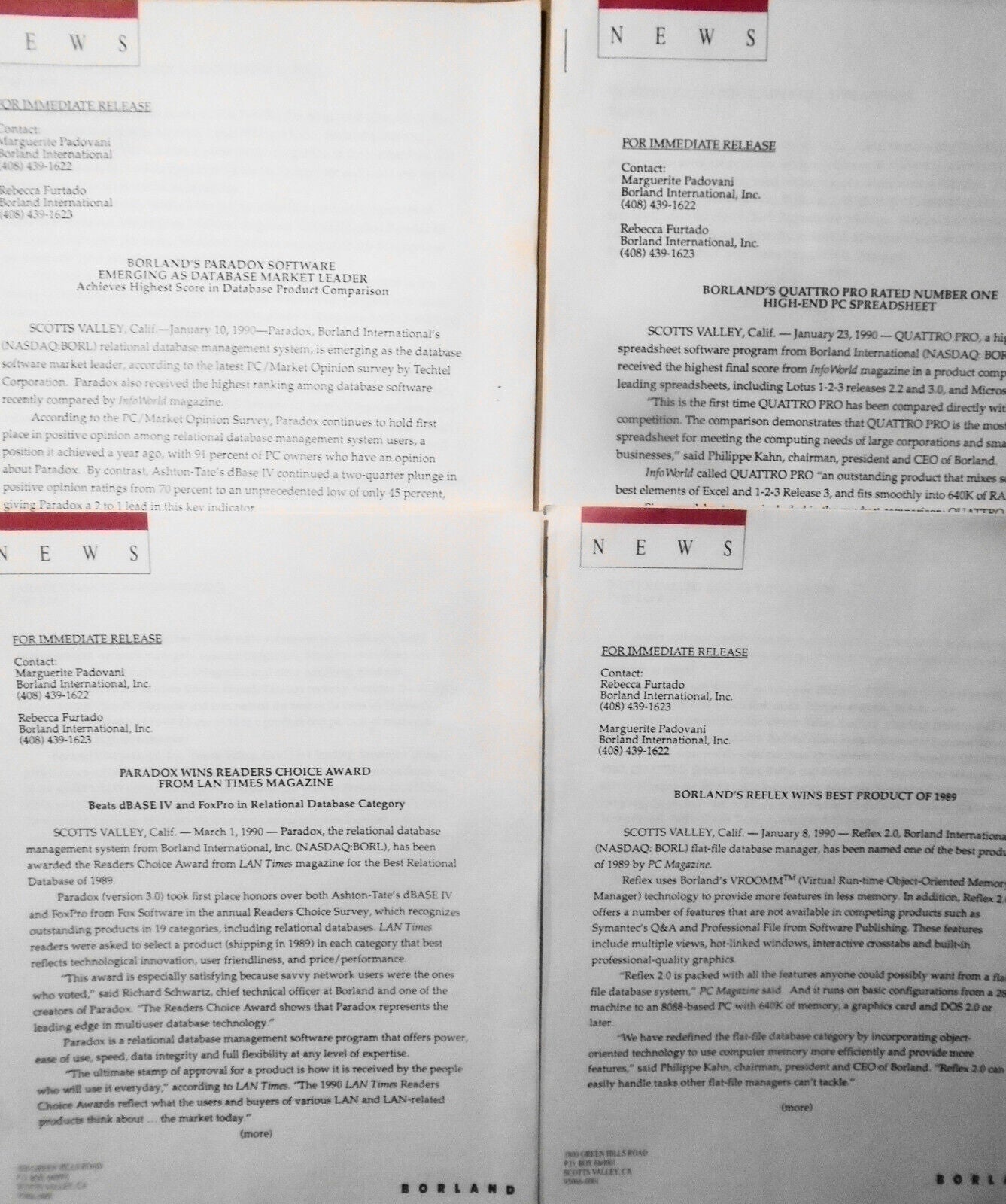 1990 Borland Paradox, Quattro Pro & Reflex win top awards. 4 press releases.