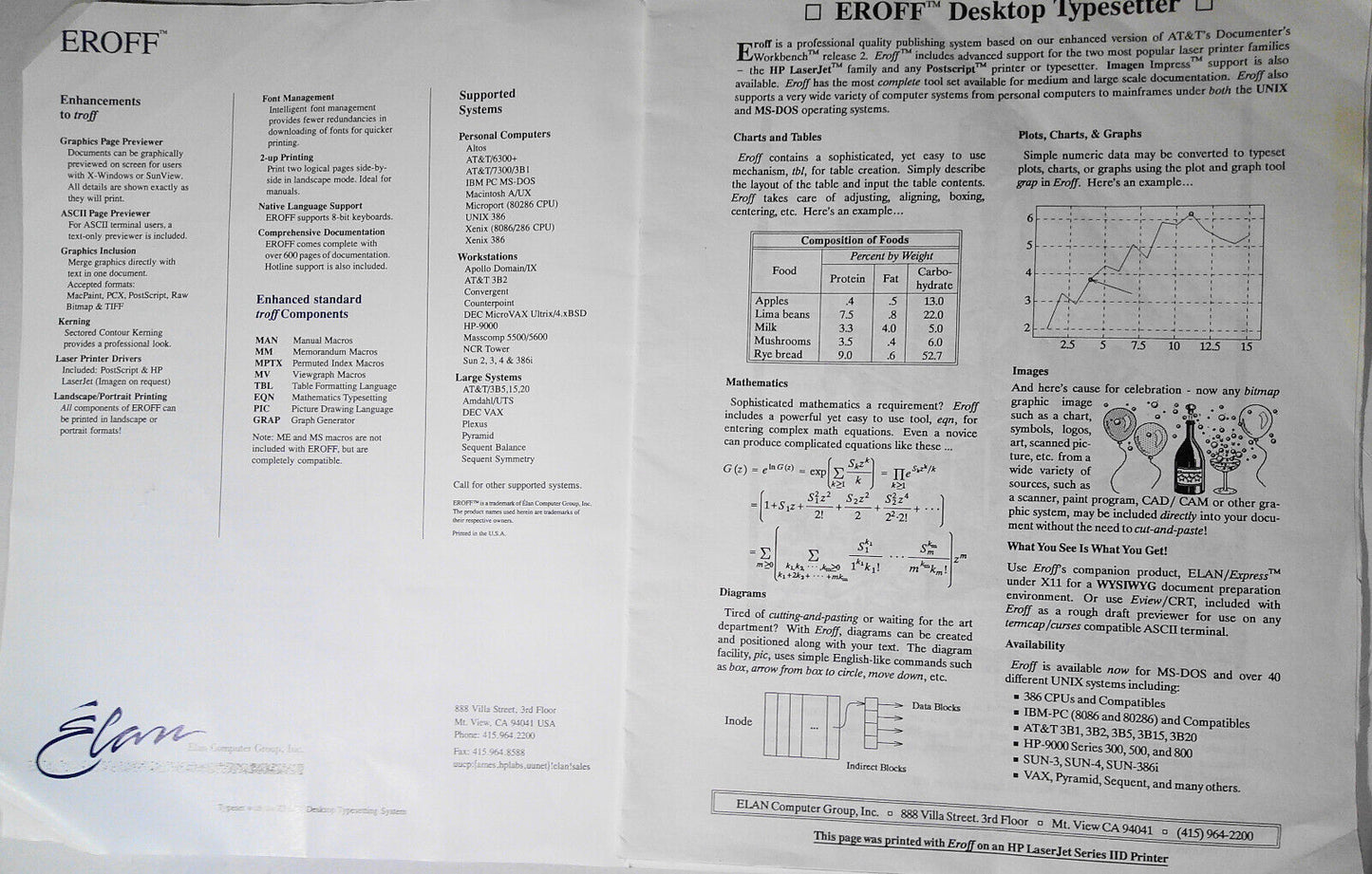 Eroff, by Elan Computer Group. 1989 UNIX Typesetting system Descriptive brochure