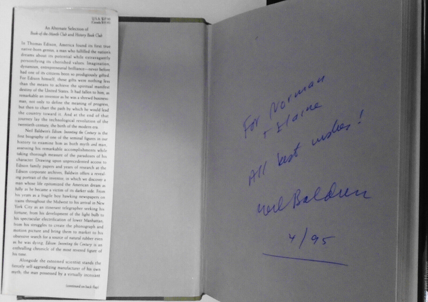 Edison : Inventing the Century, by Neil Baldwin. SIGNED. 1995 Hardcover/DJ