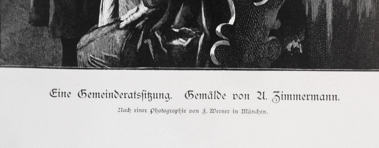 Eine Gemeinderatssitzung, by A. Zimmermann -- 1886 - Original antique print