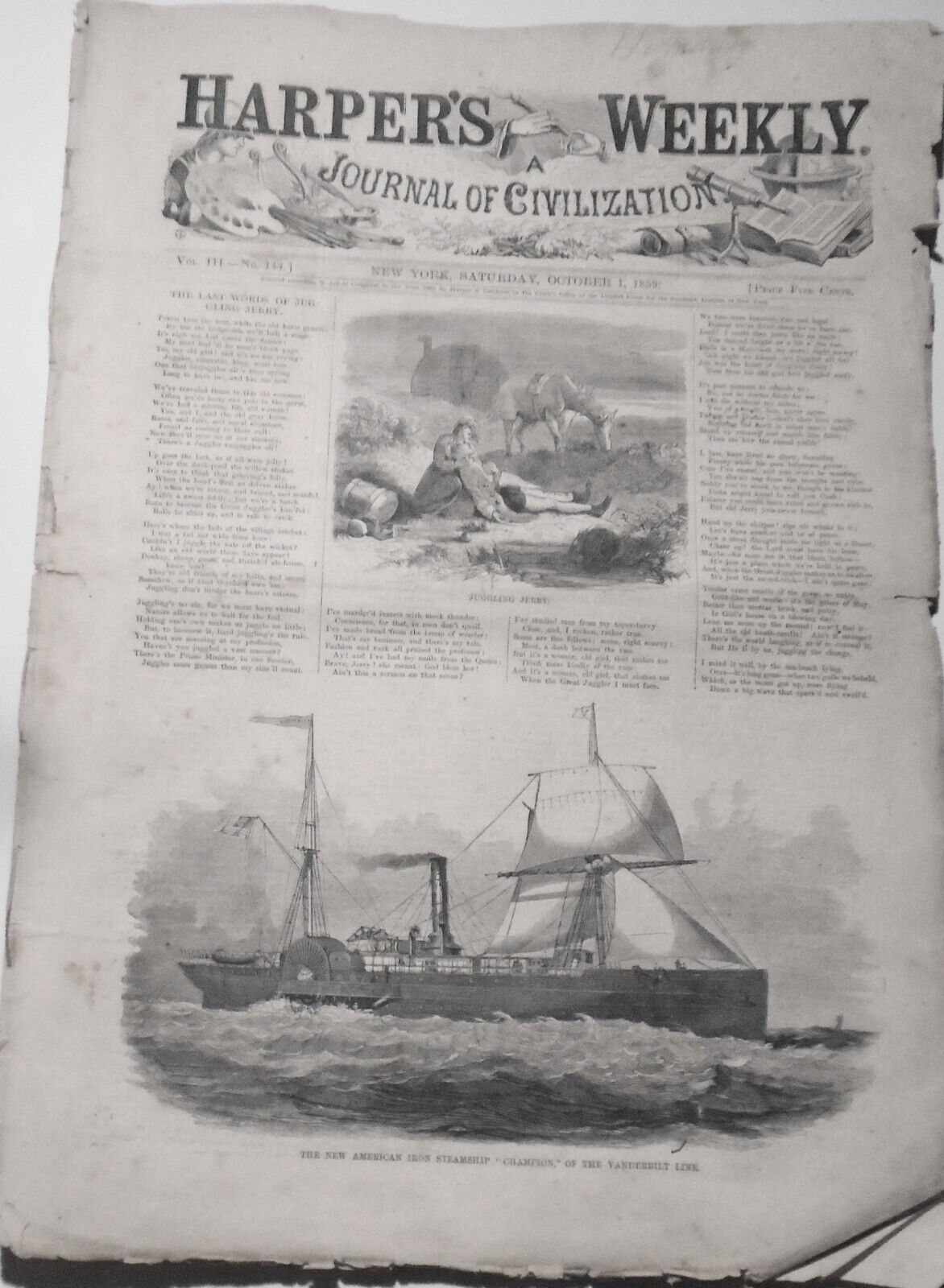 Harper's Weekly October 1, 1877 - Fifth Ave. Hotel; Iron Steamship Champion etc