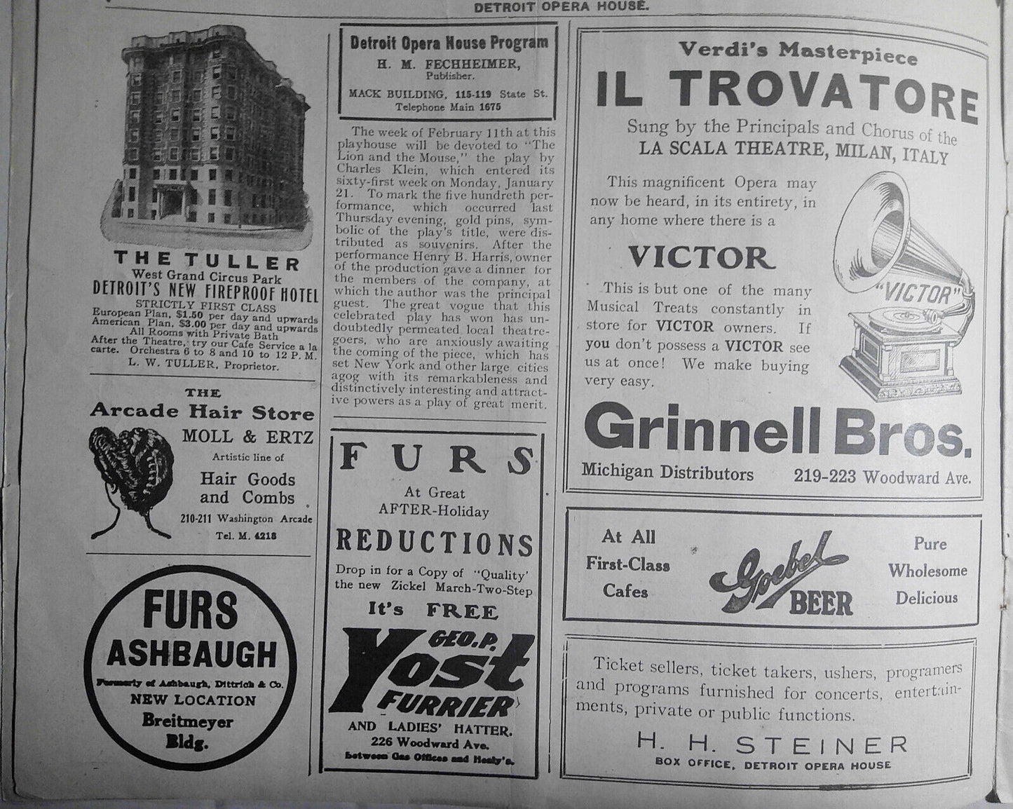 1907 "The College Widow" program - Detroit Opera House - with early Cadillac ad