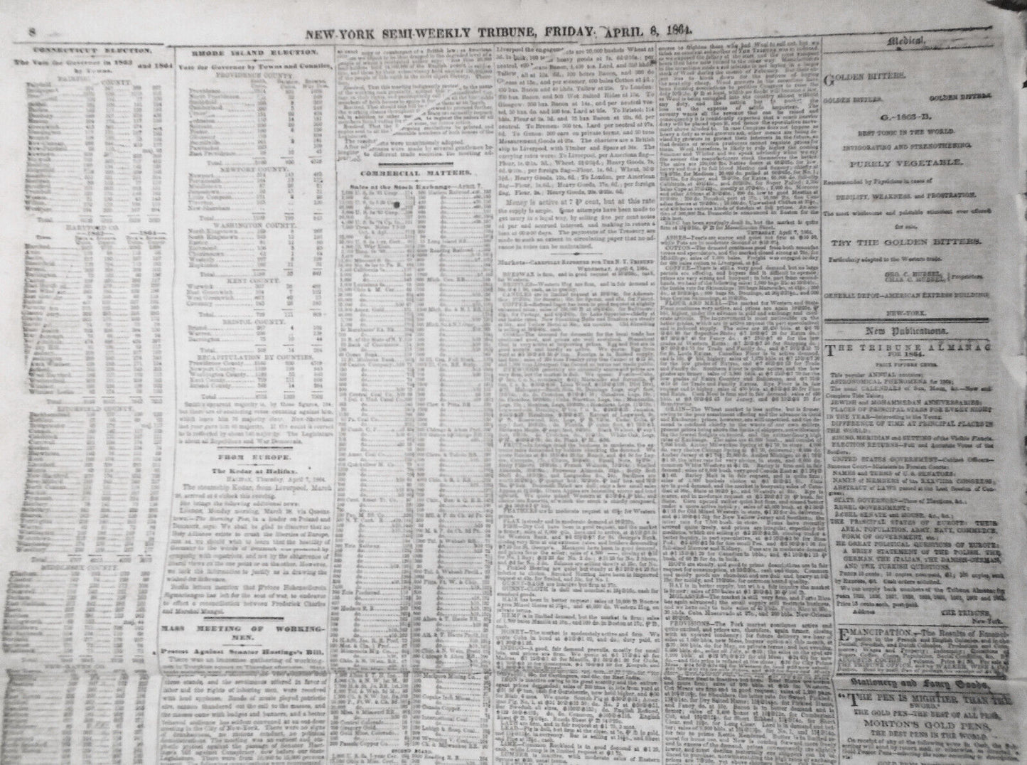 NEW YORK TRIBUNE, April 8, 1864 - Civil War; Irish on Slavery; Metropolitan Fair