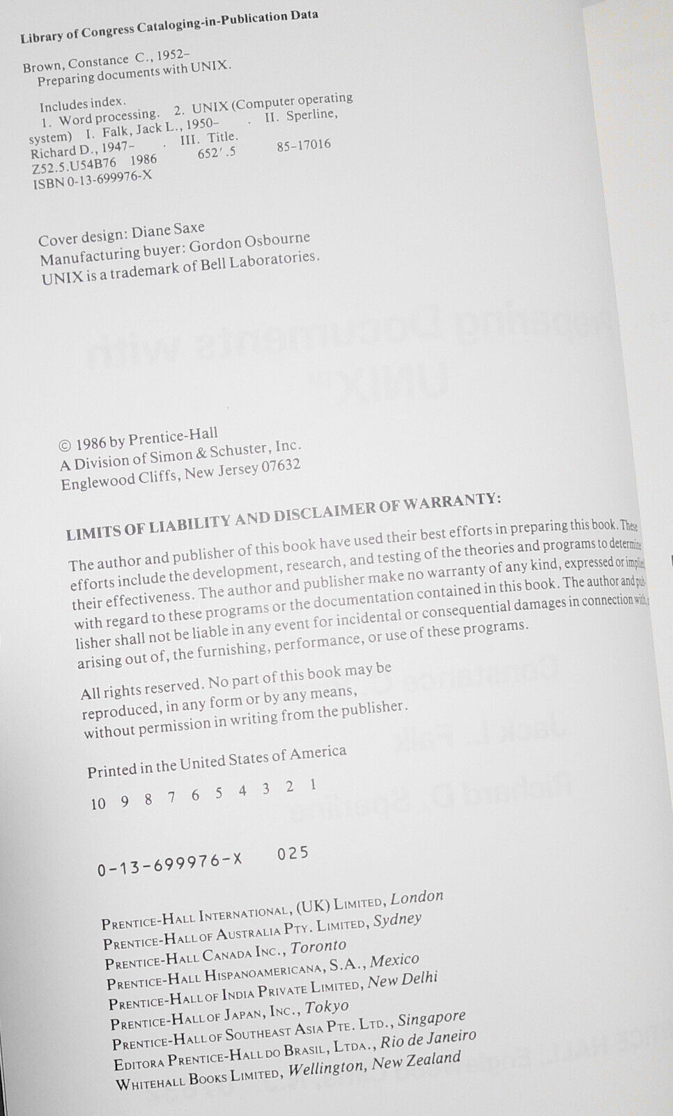 Preparing documents with UNIX by Constance Brown et al. Hardcover Fine 1986 1st