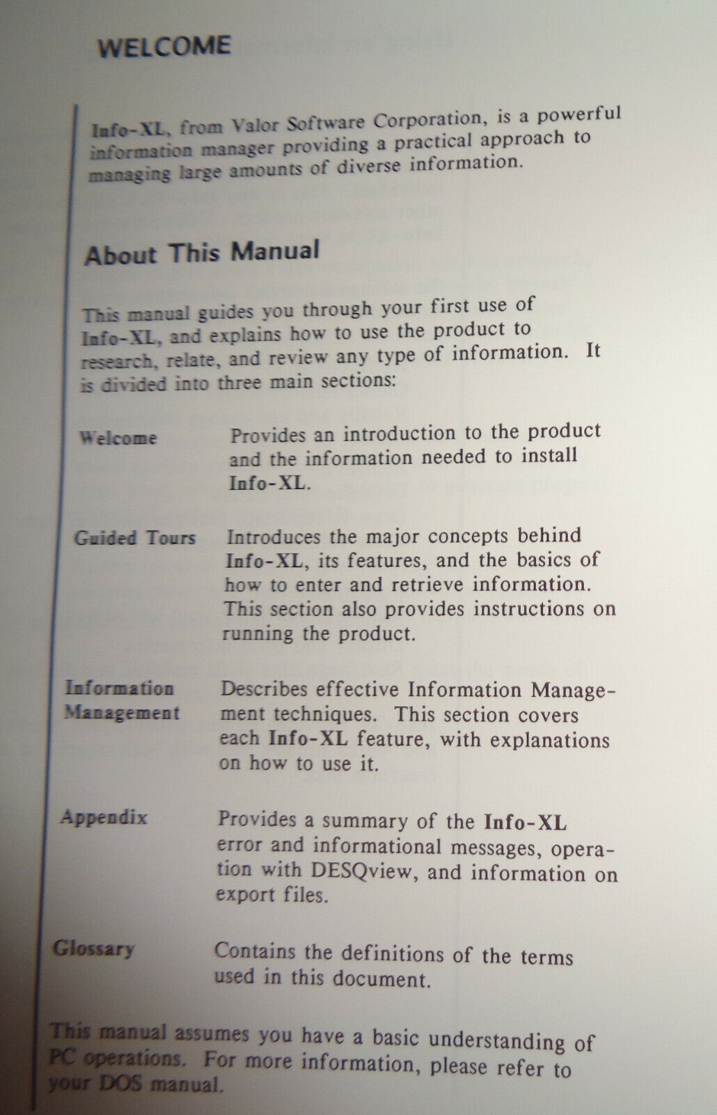Info-XL, by Valor Software. Information management for IBM & compatible PCs 1988