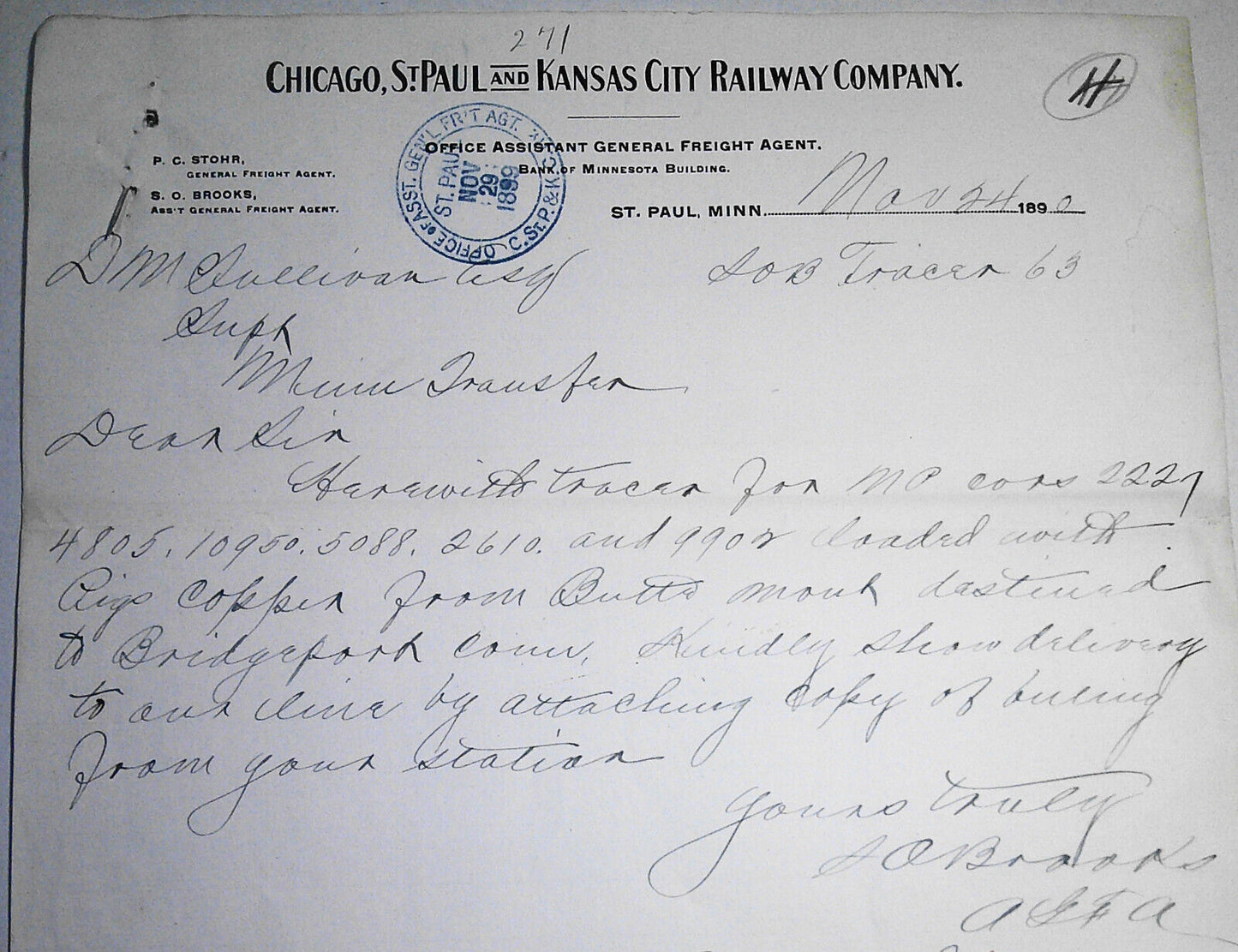 1899 Chicago, St. Paul & Kansas Railway Company Tracer, on Letterhead