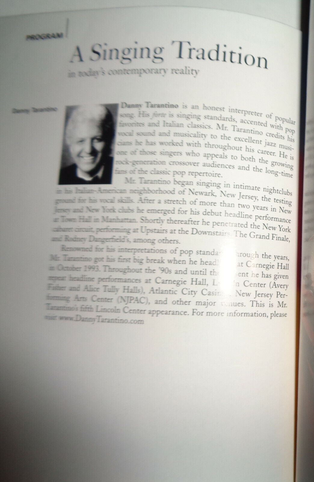 "DANNY TARANTINO" SINGS POP, JAZZ & SINATRA CLASSICS - PLAYBILL 2005