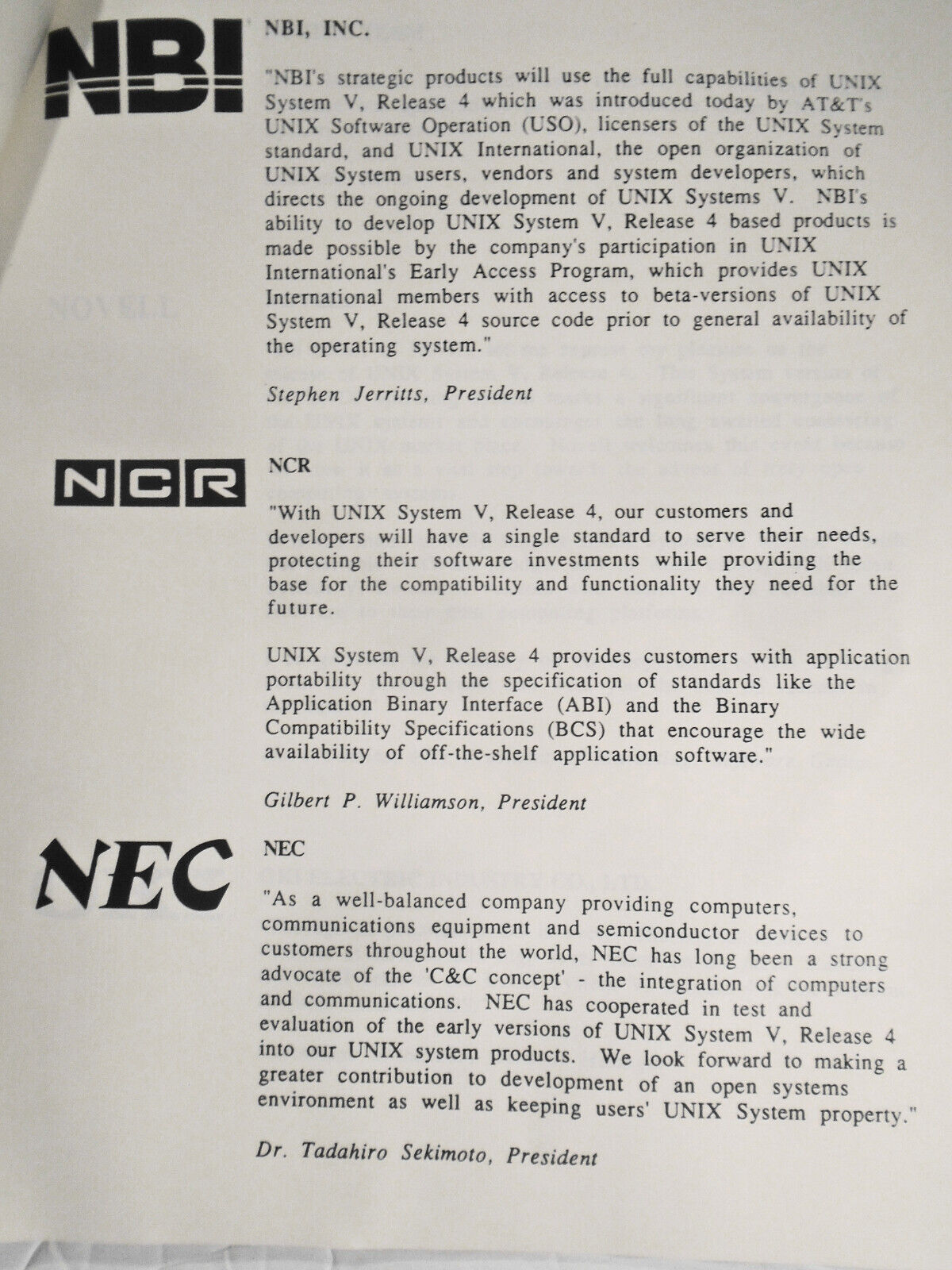 1989 Statements of support by 172 companies for UNIX System V, Release 4