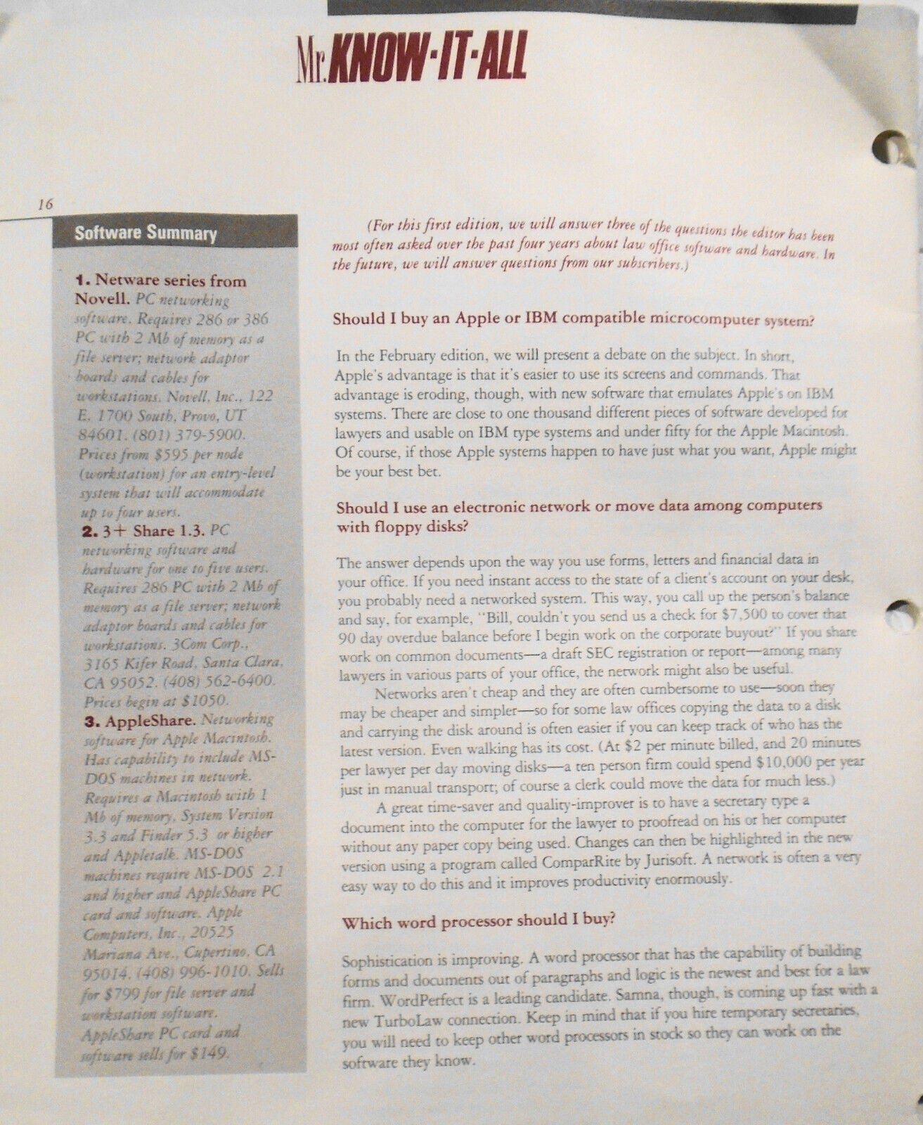 Computer Counsel, Premiere Issue Dec. 1988 Leading edge of Law Office Automation