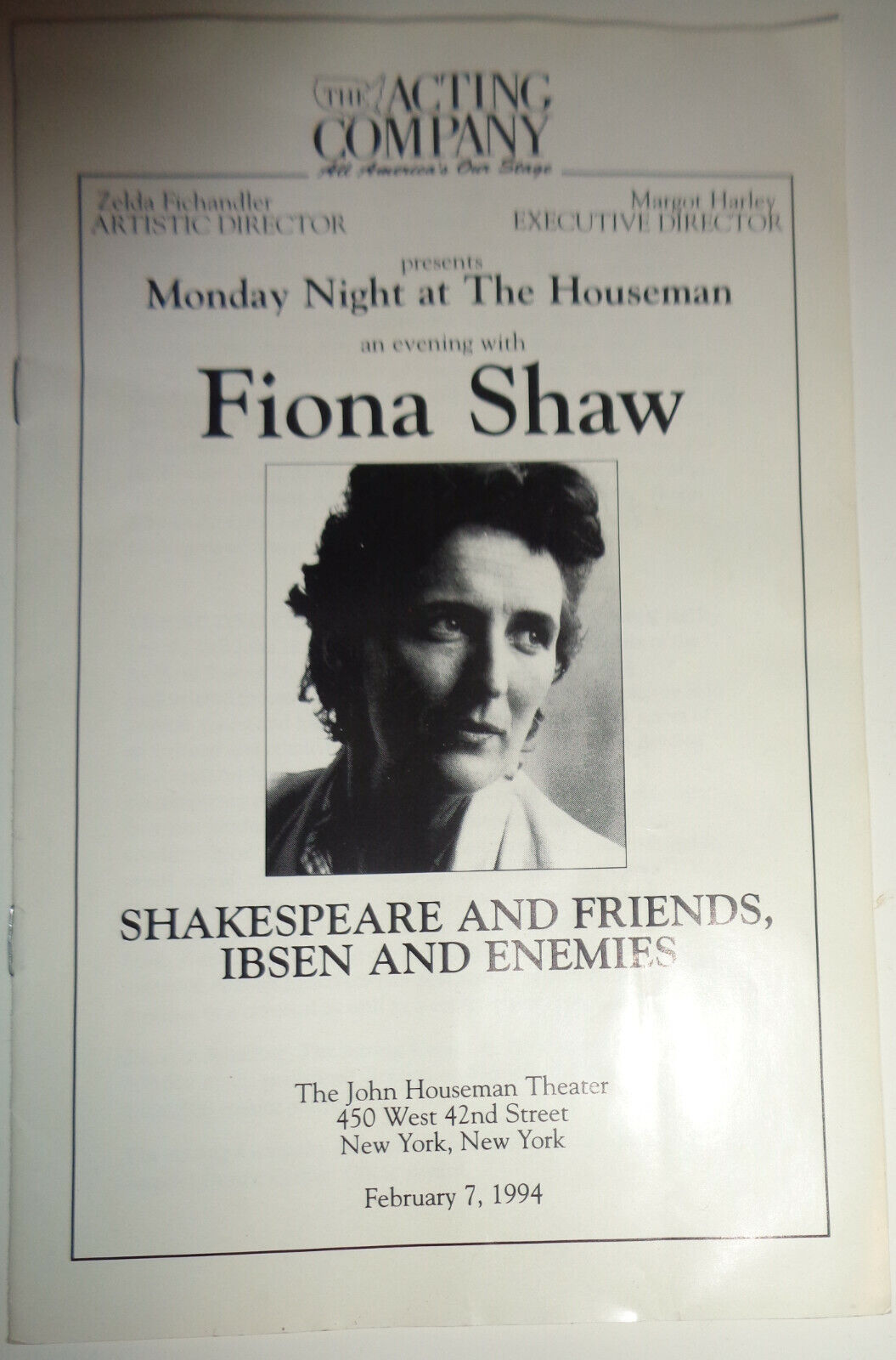 AN EVENING WITH FIONA SHAW - PROGRAM - FEBRUARY 7, 1994