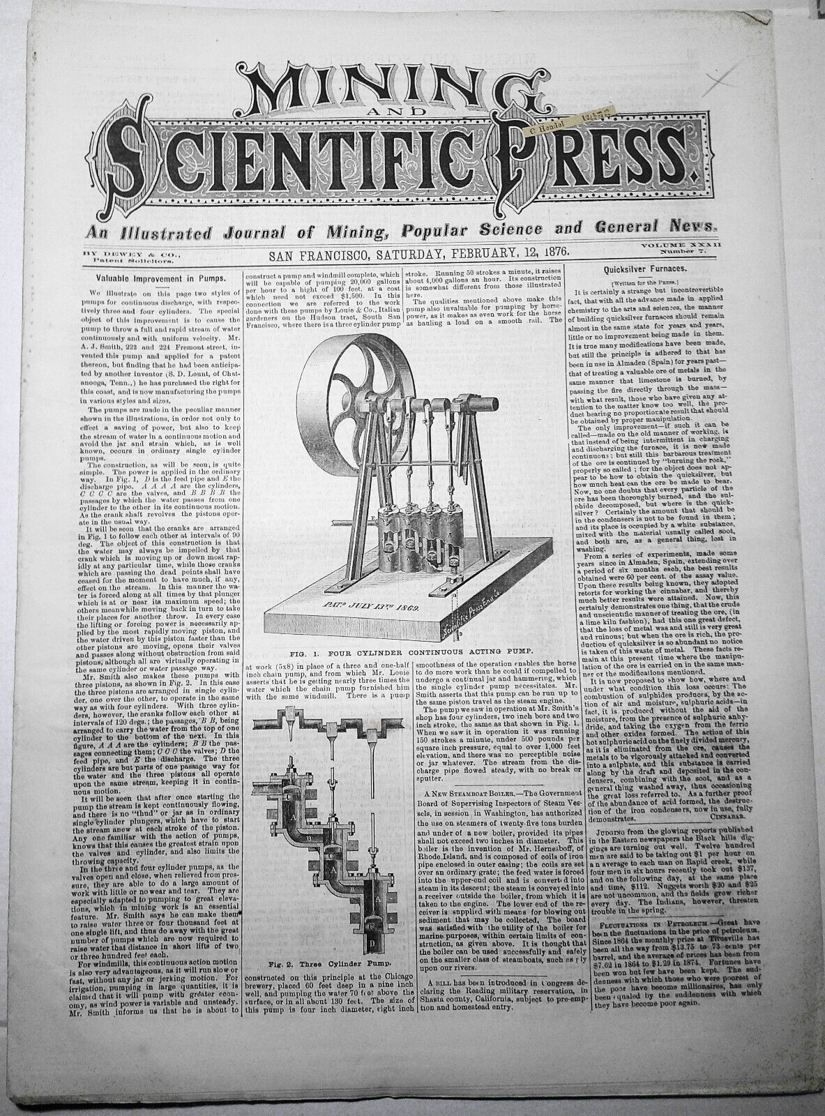 Mining and Scientific Press Feb 12, 1876. Edison's "New Force"; Mining Debris...