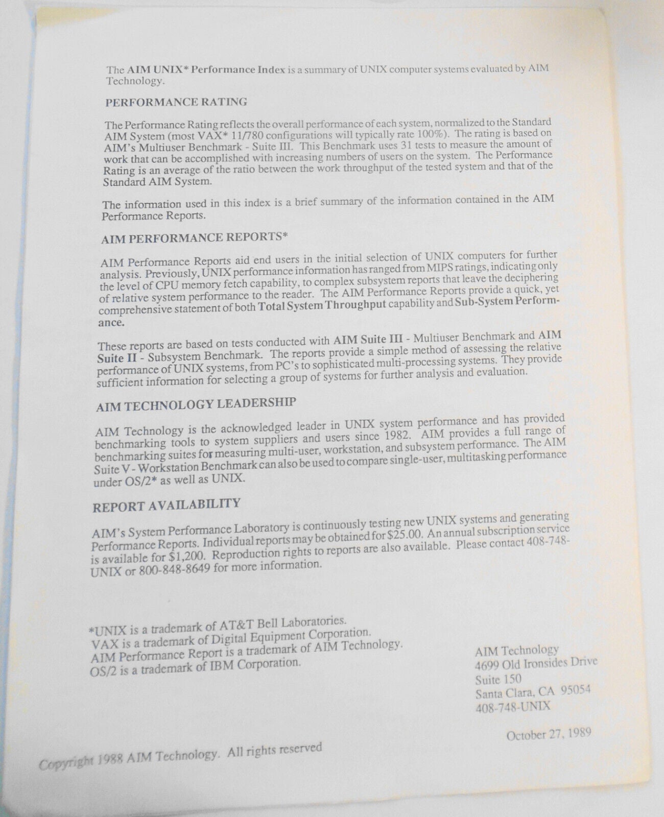 UNIX Performance Index, by AIM Technology. October 27, 1989