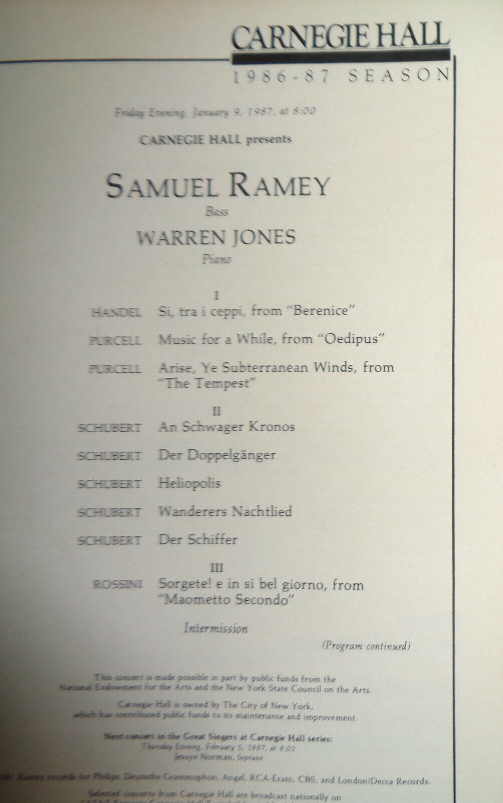 Samuel Ramey, Bass & Warren Jones, Piano - Carnegie Hall Stagebill - Jan 9, 1987
