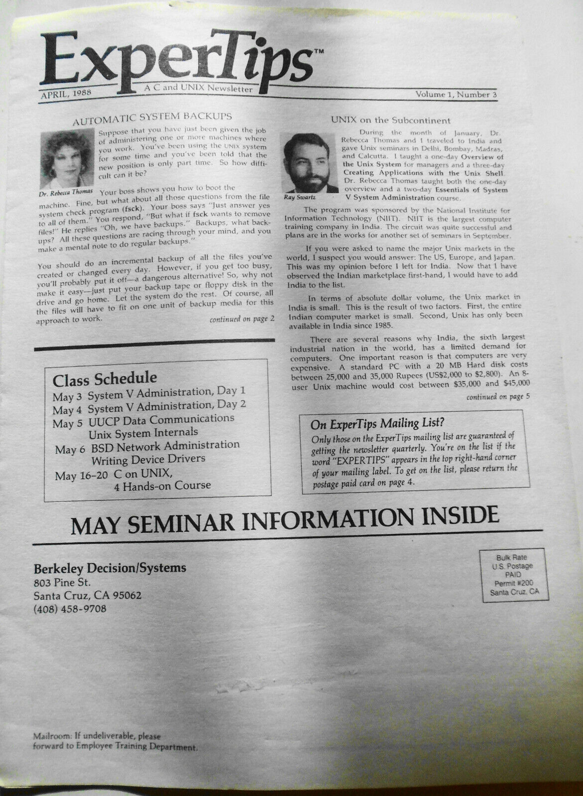 ExperTips, April 1988, A C and UNIX Newsletter - Vol. 1, No. 3