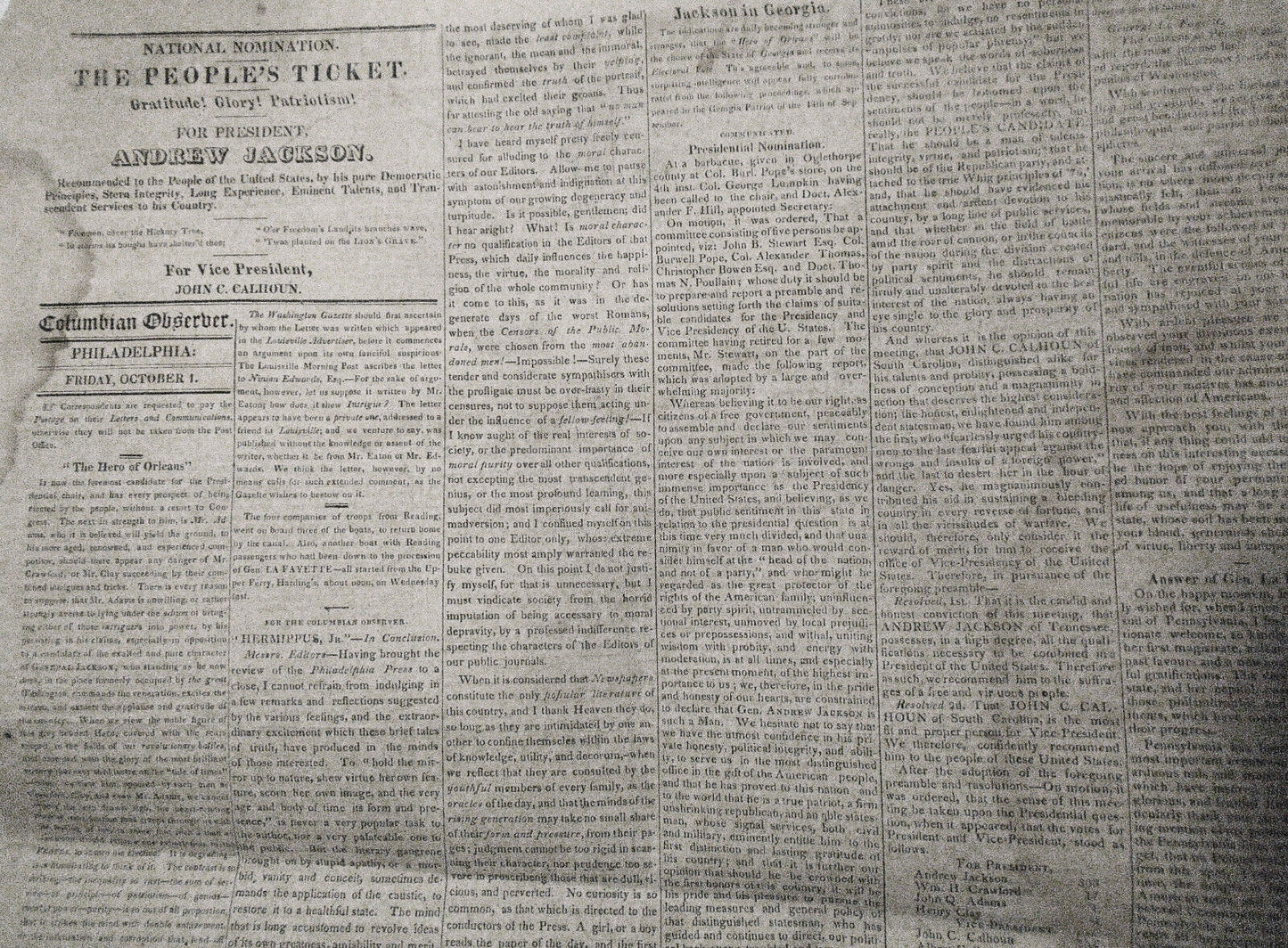 Columbian Observer, October 1, 1824 - Lafayette tribute & answer; Andrew Jackson