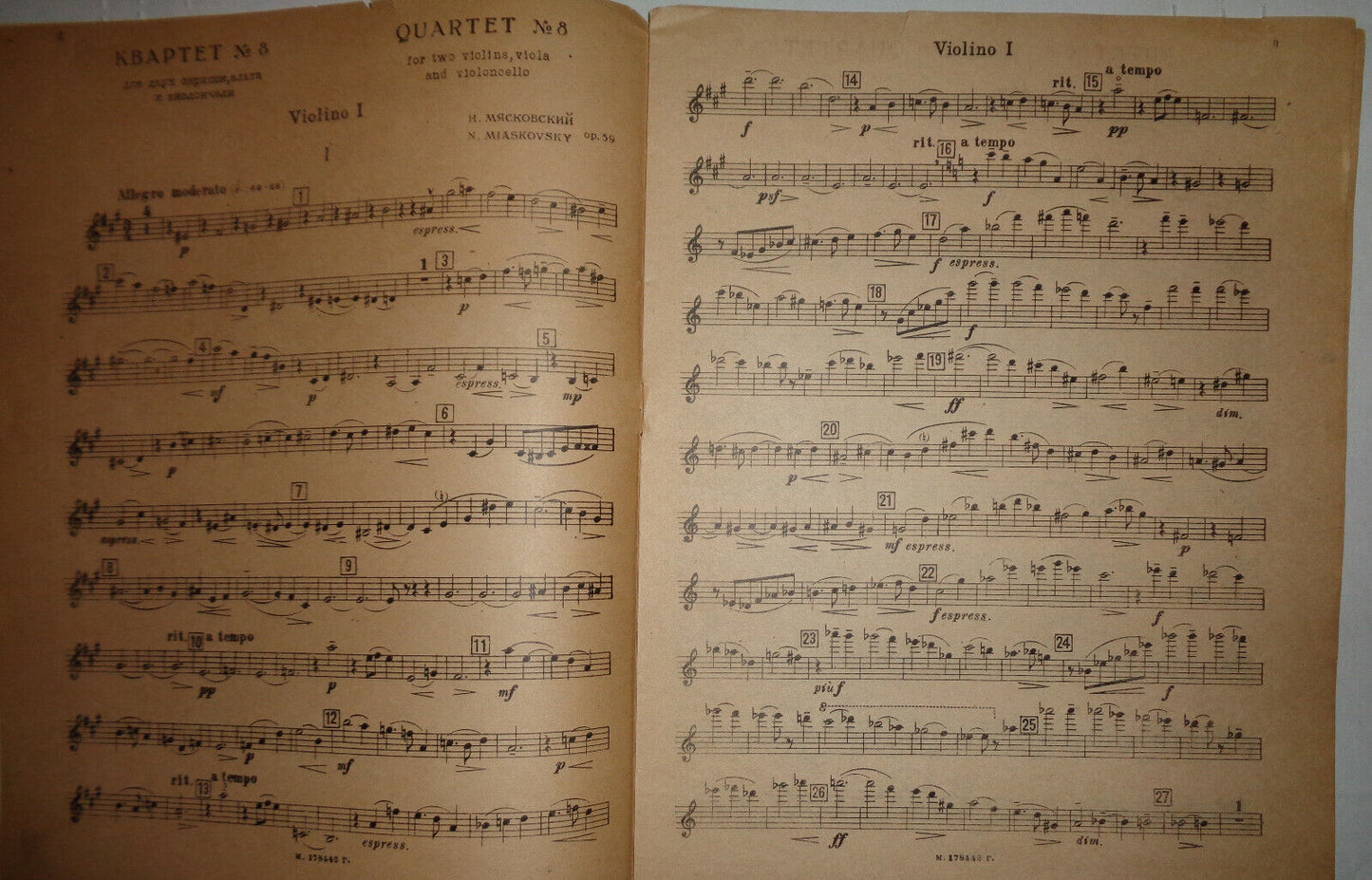 Miaskovsky Quartet (No 8 fis-moll) : for 2 violins, viola & violoncello; op. 49