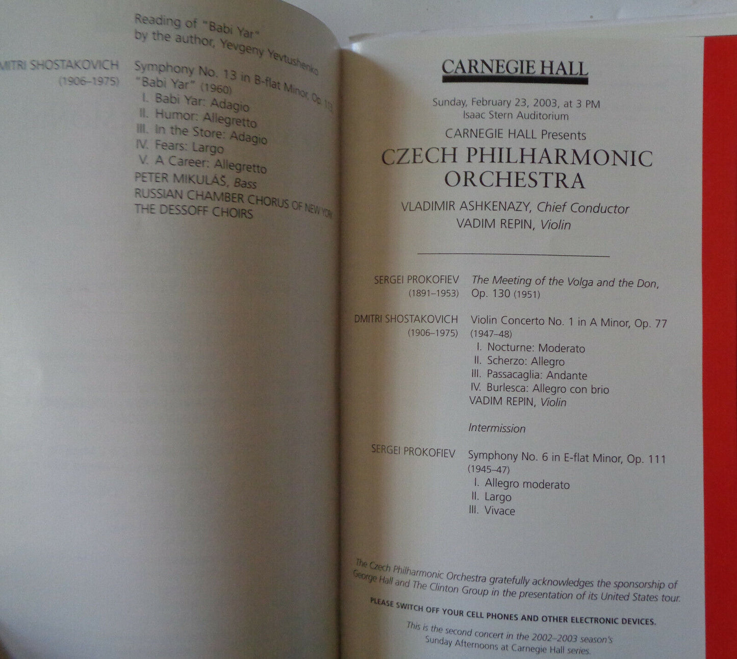 Czech Philharmonic Orchestra Playbill Carnegie Hall 2003 Ashkenazy, Yevtushenko