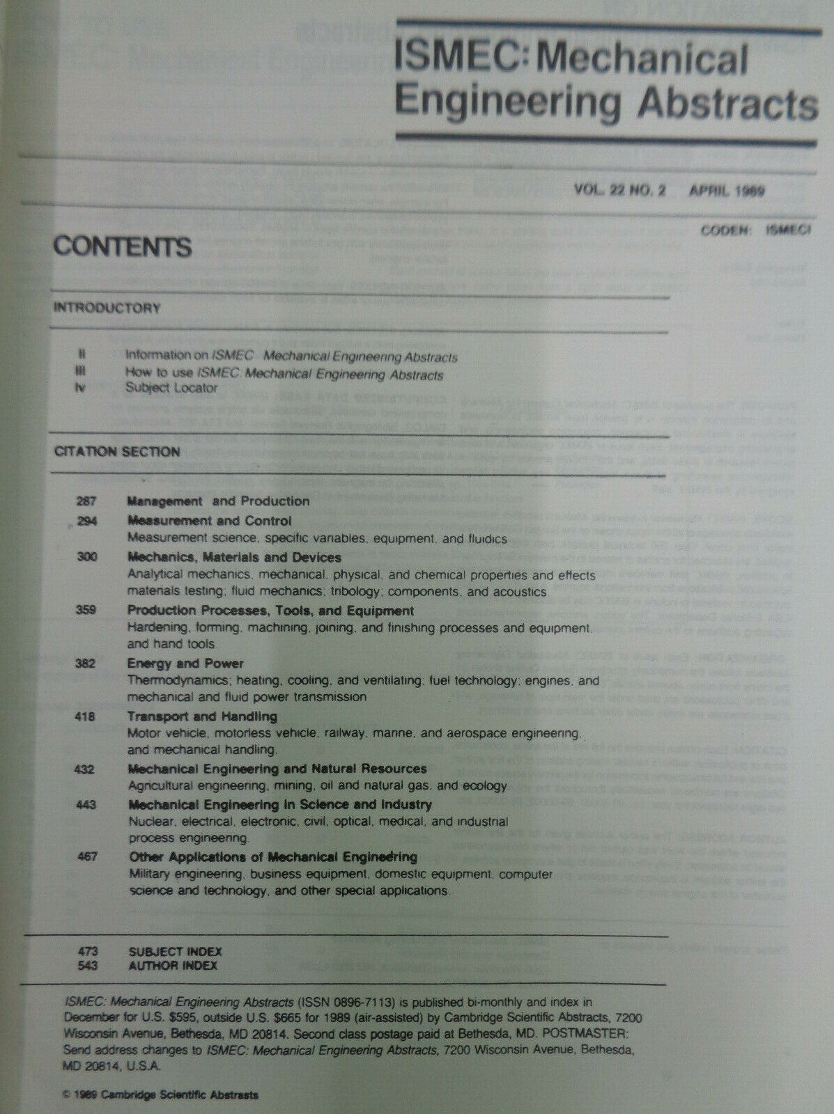 ISMEC mechanical engineering abstracts. April 1989