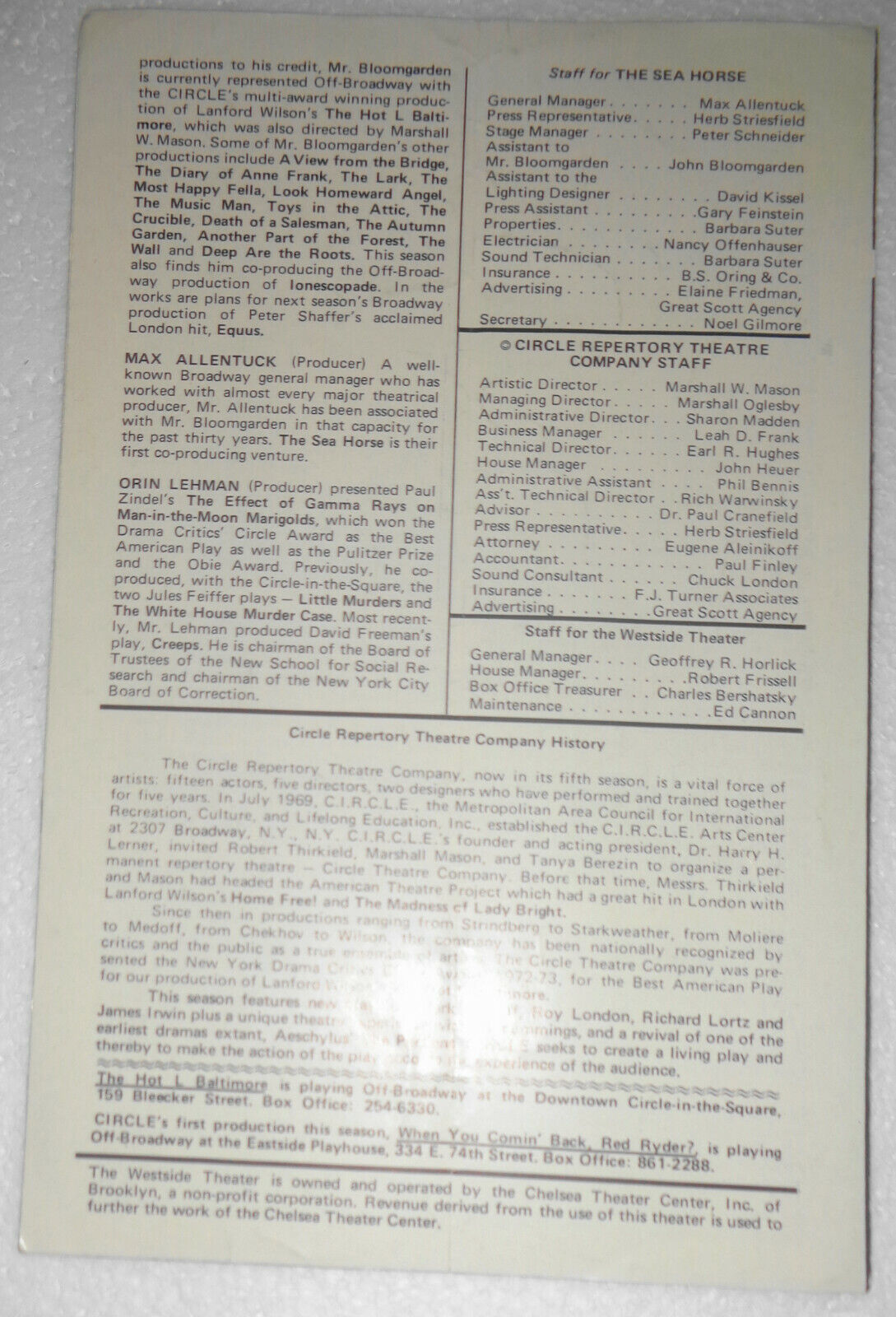 THE SEA HORSE - PROGRAM - 1974. NEW YORK: THE WESTSIDE THEATER