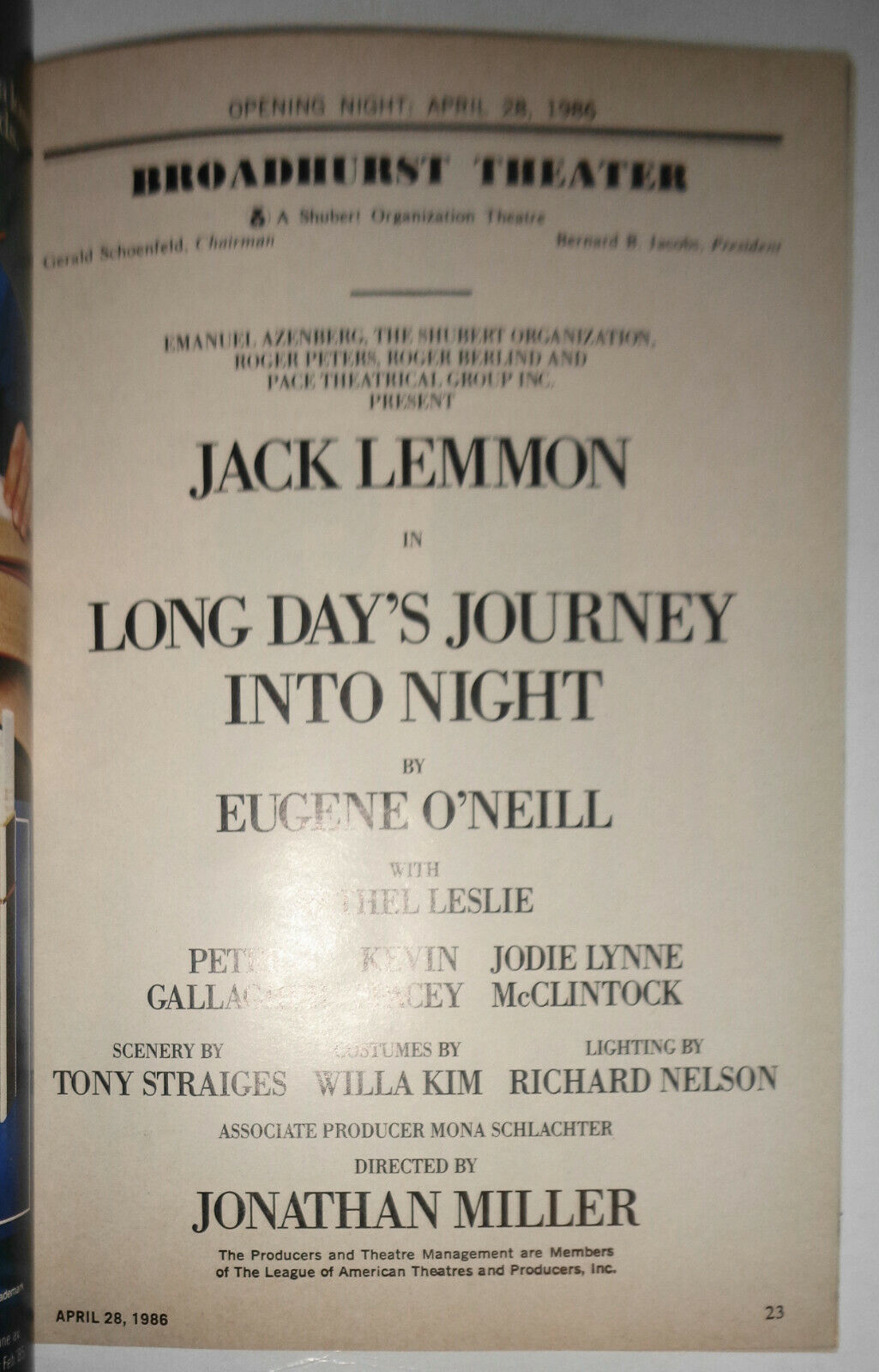LONG DAY'S JOURNEY INTO NIGHT - PLAYBILL - OPENING NIGHT, April 1986 Jack Lemmon