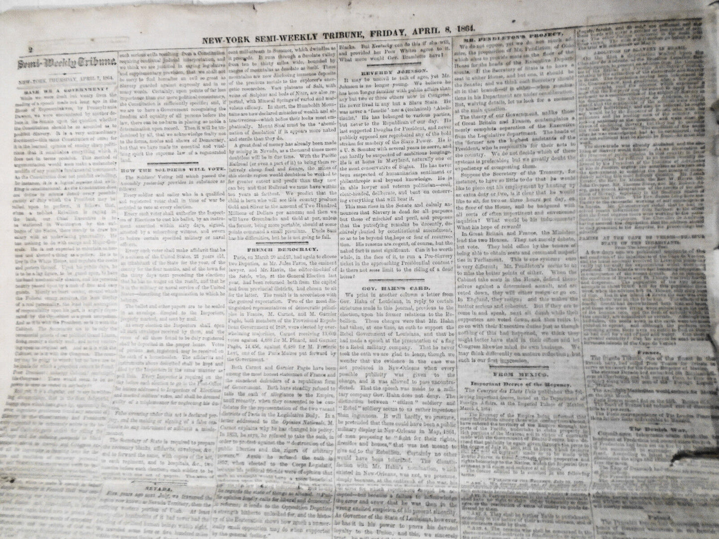 NEW YORK TRIBUNE, April 8, 1864 - Civil War; Irish on Slavery; Metropolitan Fair