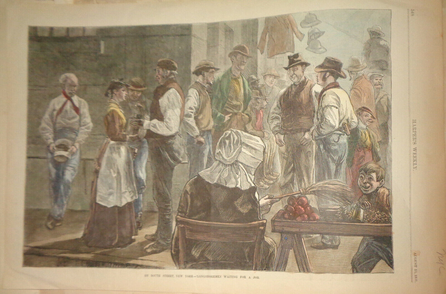 NEW YORK - LONGSHOREMEN WAITING FOR A JOB - Hand-colored Harper's Weekly, 1881